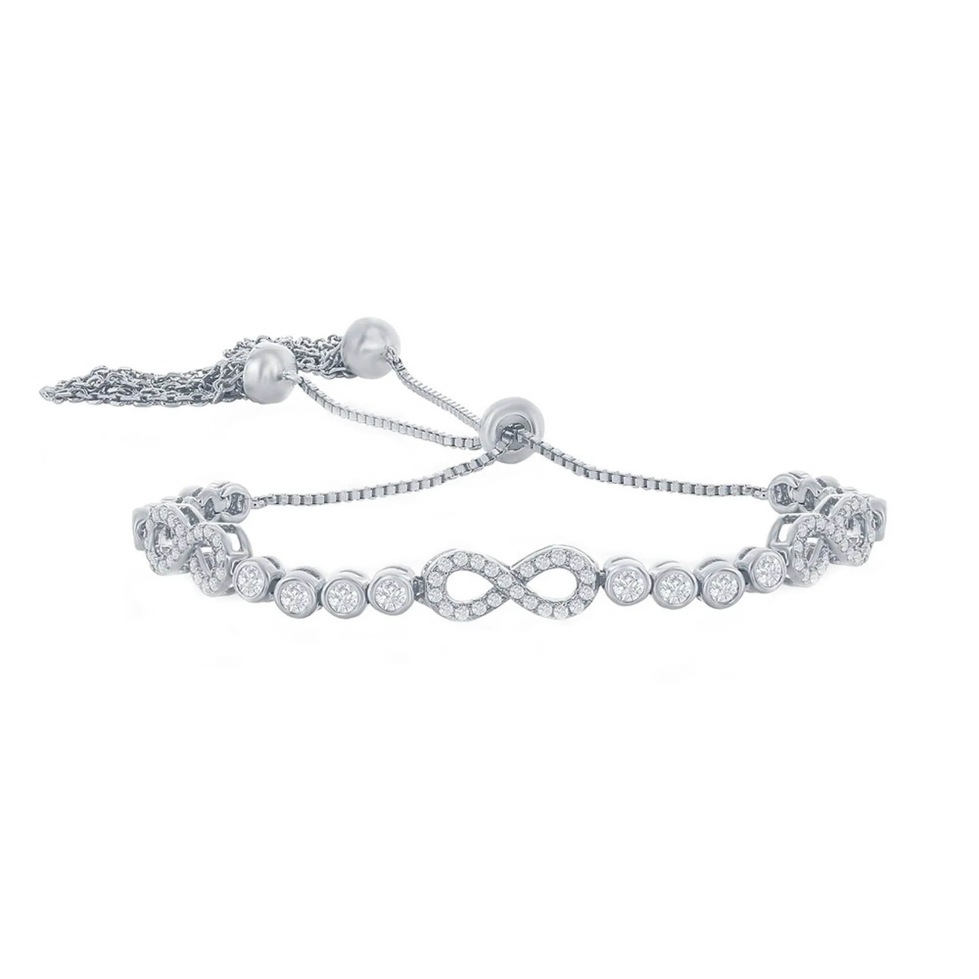 Classic Women's Bracelet - Silver Bezel-Set CZ and Infinity Adjustable Bolo | T-8044