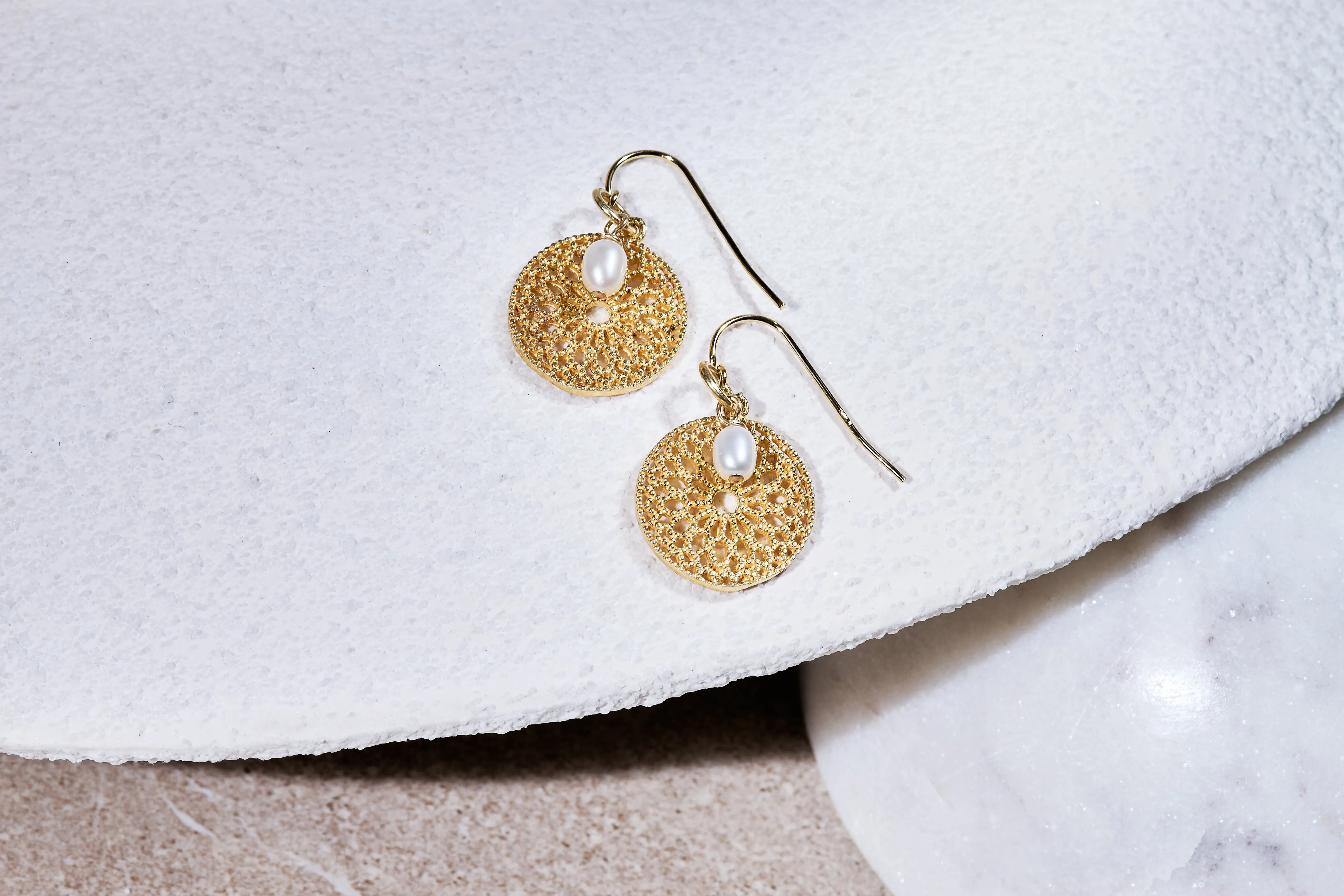 Credo disk earrings with pearl drops