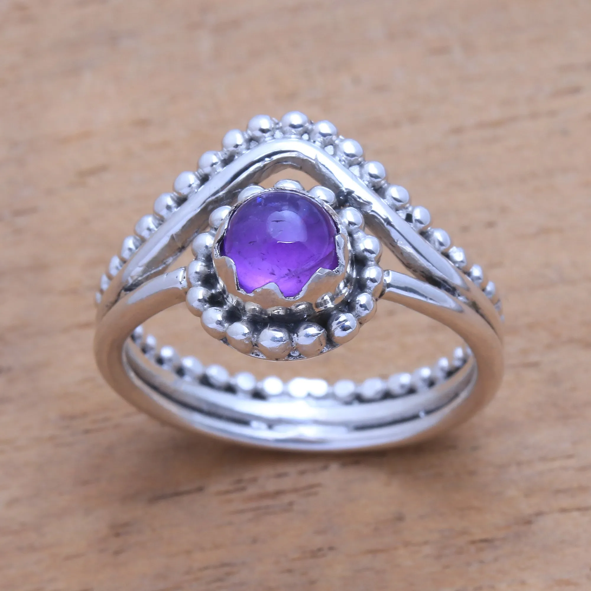 Dot Motif Amethyst Cocktail Ring from Bali - Enshrined | NOVICA