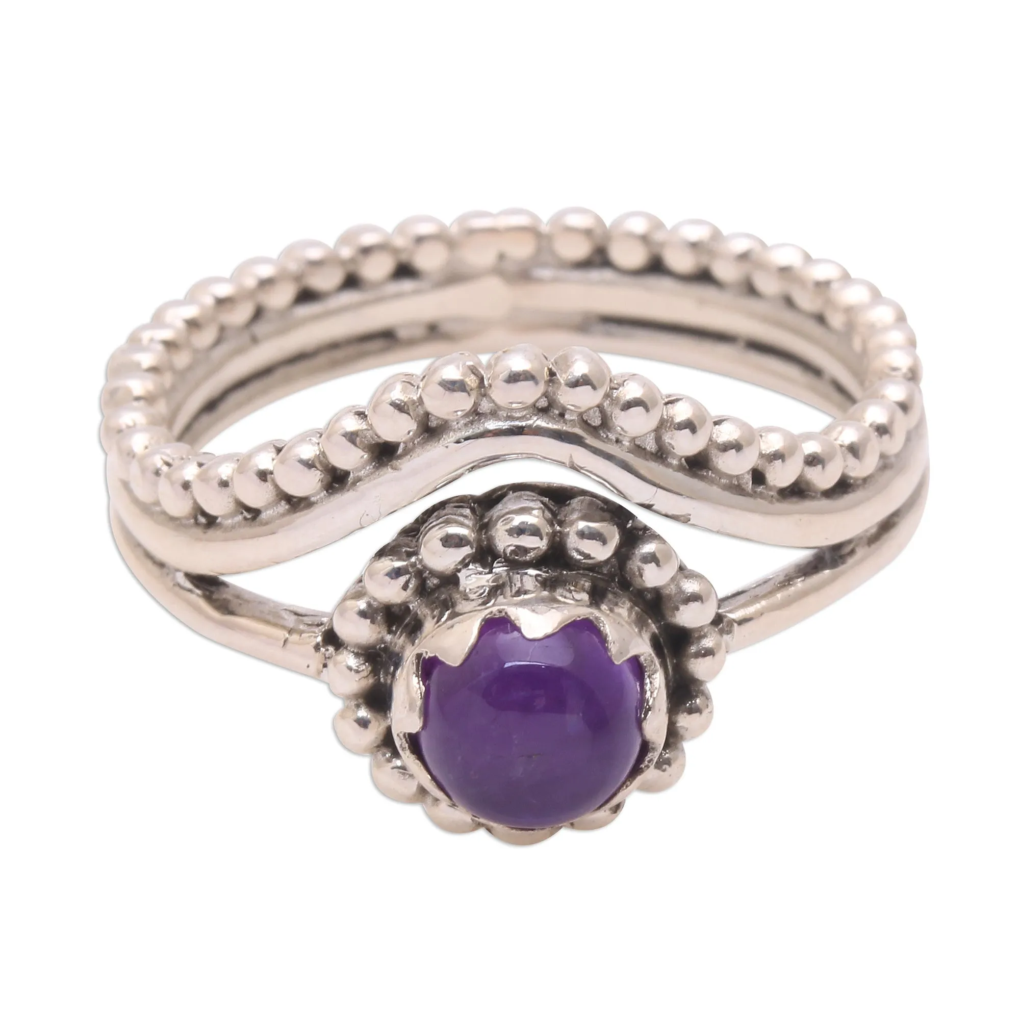 Dot Motif Amethyst Cocktail Ring from Bali - Enshrined | NOVICA