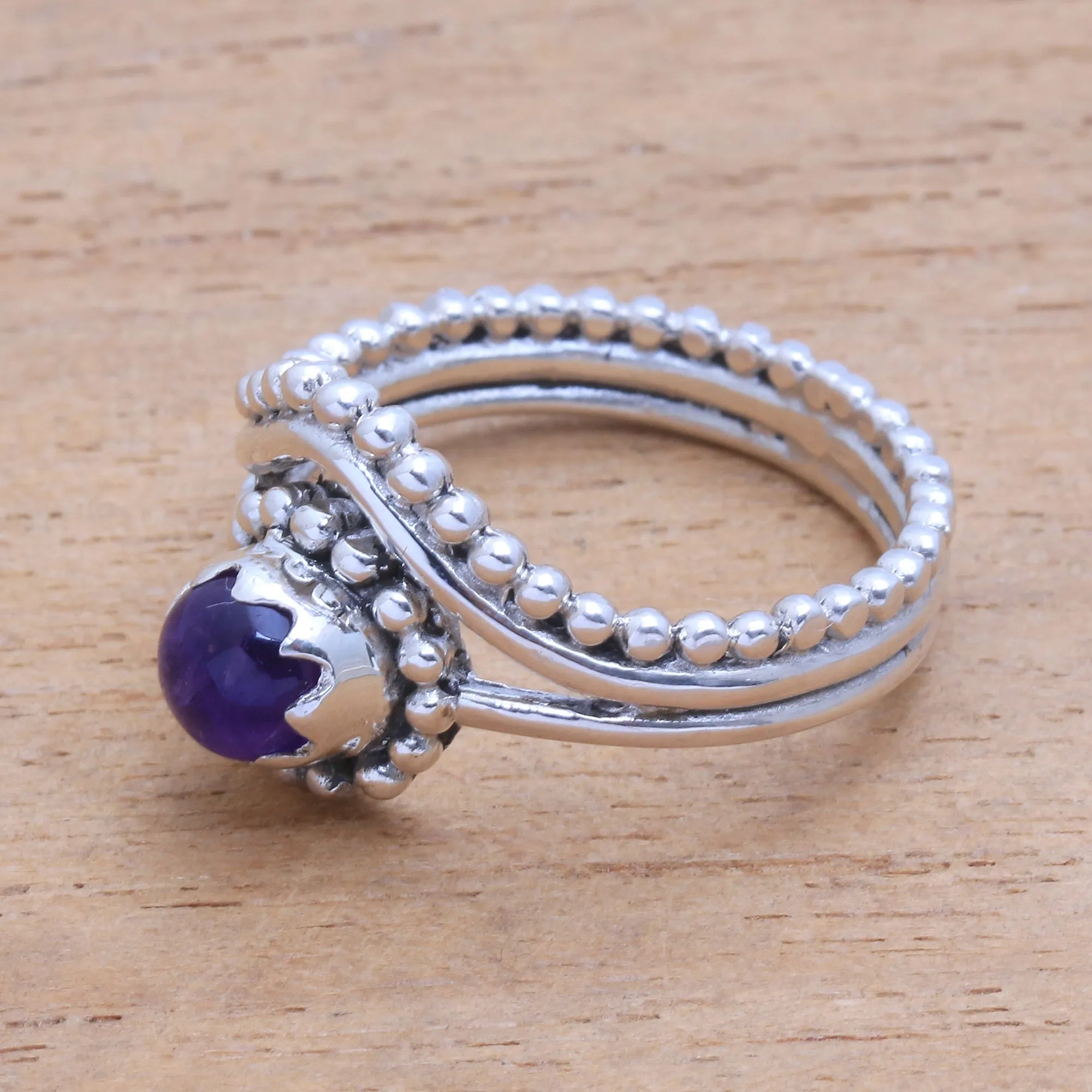 Dot Motif Amethyst Cocktail Ring from Bali - Enshrined | NOVICA