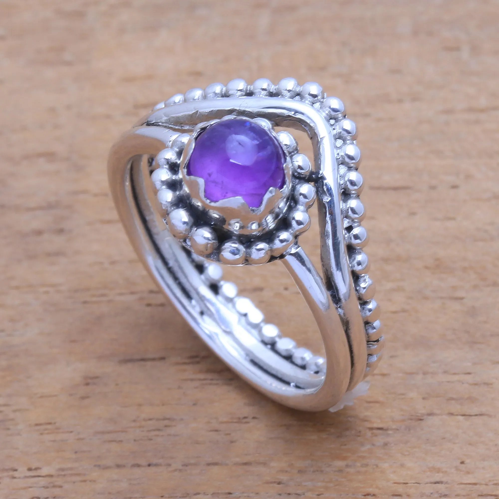 Dot Motif Amethyst Cocktail Ring from Bali - Enshrined | NOVICA