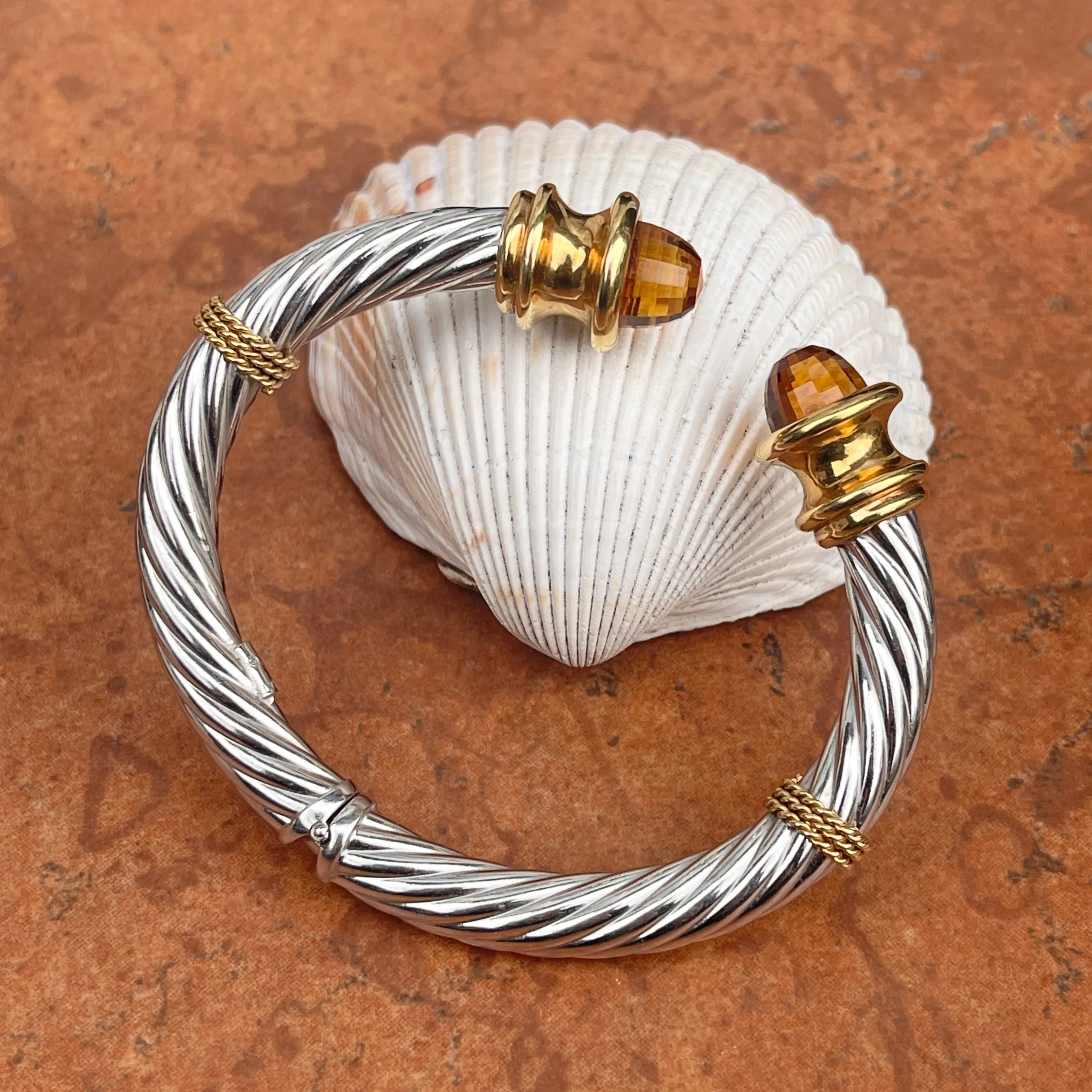 Estate 14KT White Gold   Yellow Gold Checkerboard Golden Citrine Bangle Bracelet