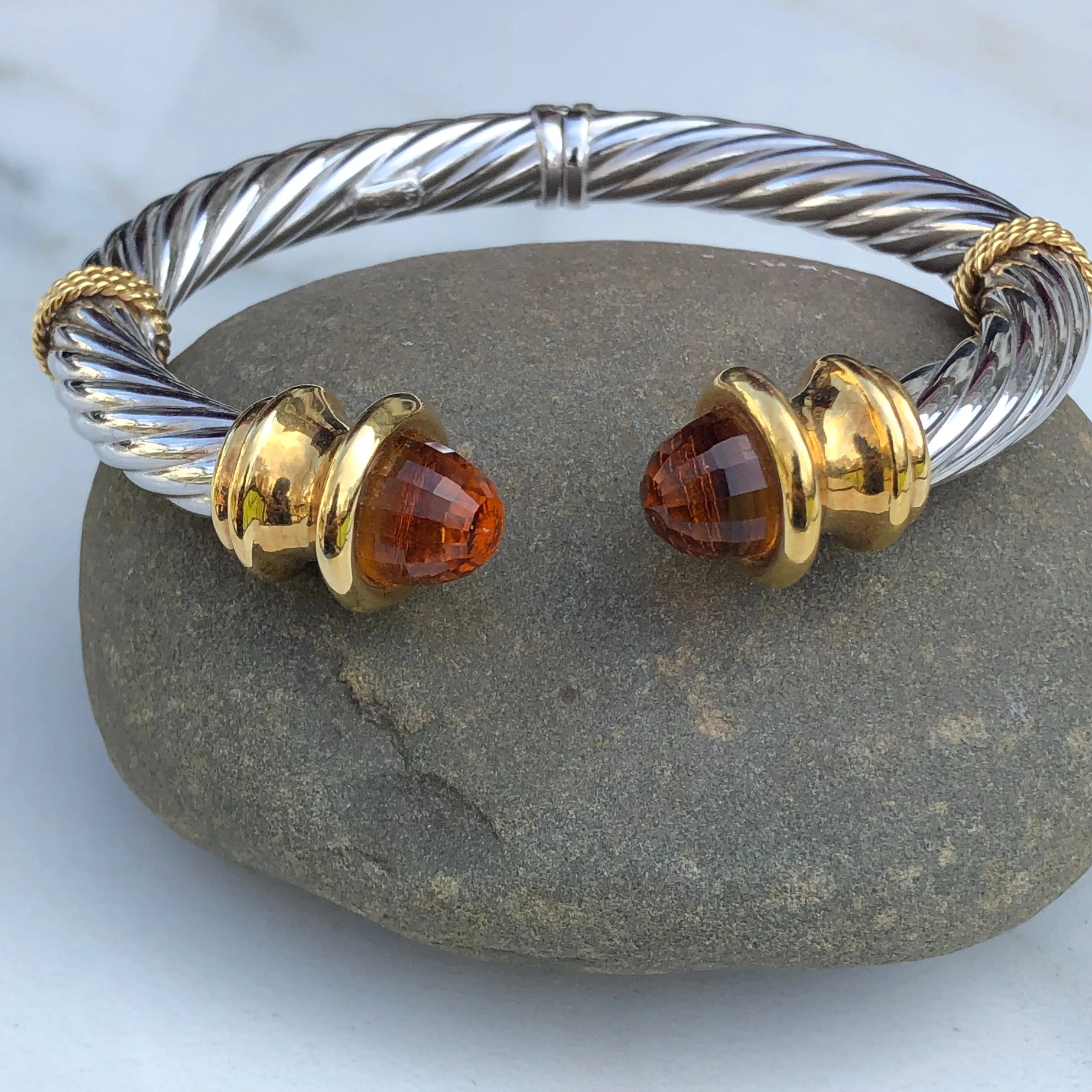 Estate 14KT White Gold   Yellow Gold Checkerboard Golden Citrine Bangle Bracelet