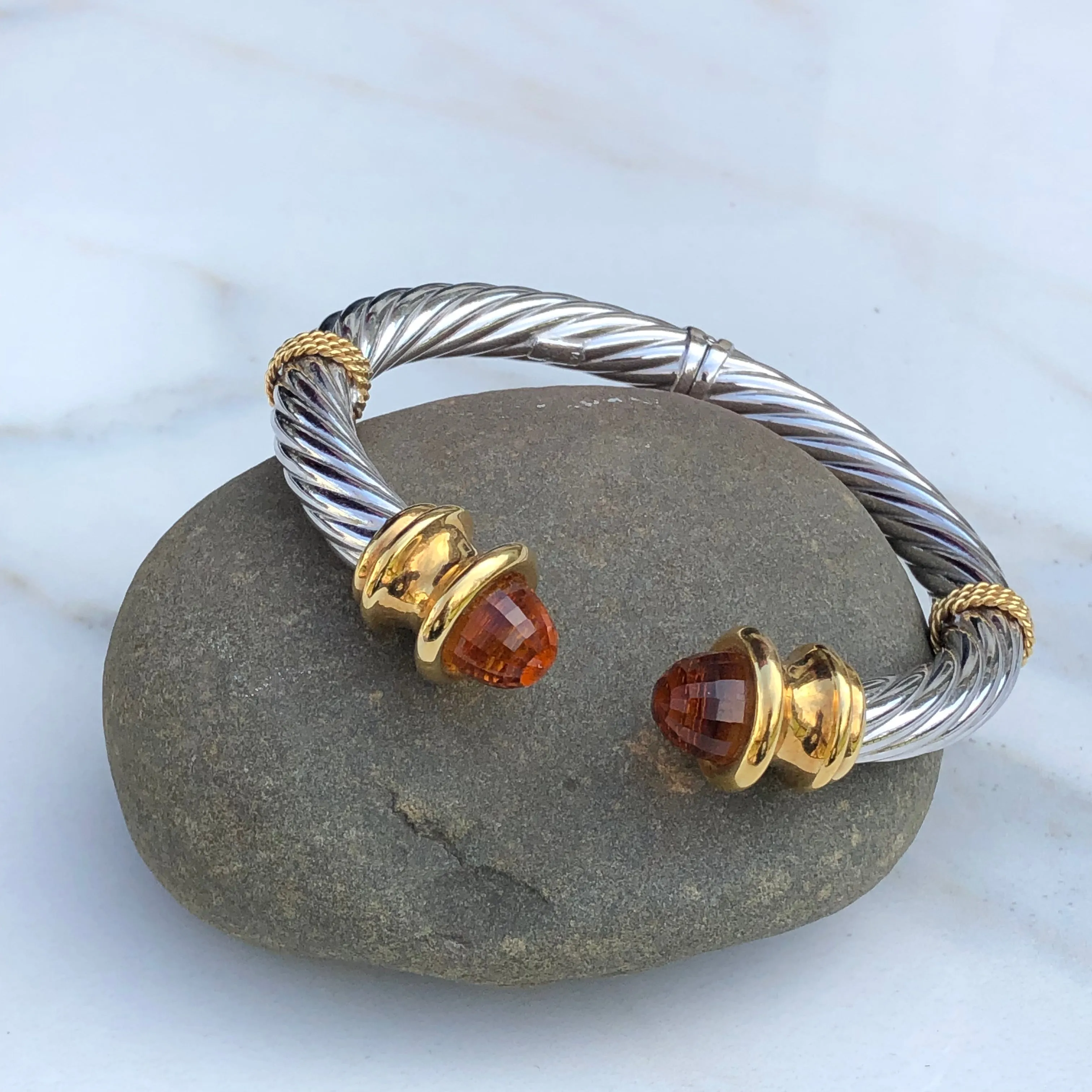 Estate 14KT White Gold   Yellow Gold Checkerboard Golden Citrine Bangle Bracelet