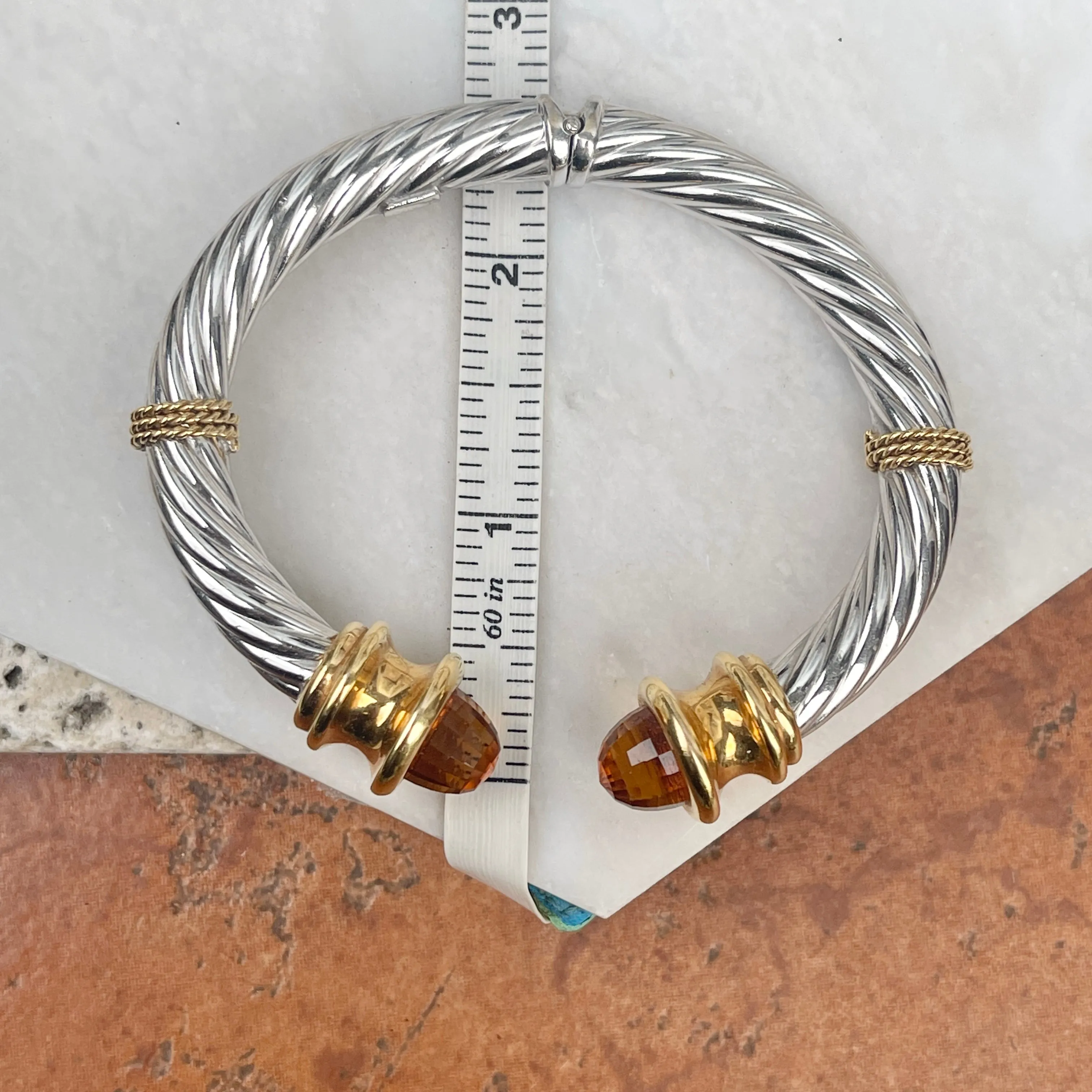 Estate 14KT White Gold   Yellow Gold Checkerboard Golden Citrine Bangle Bracelet