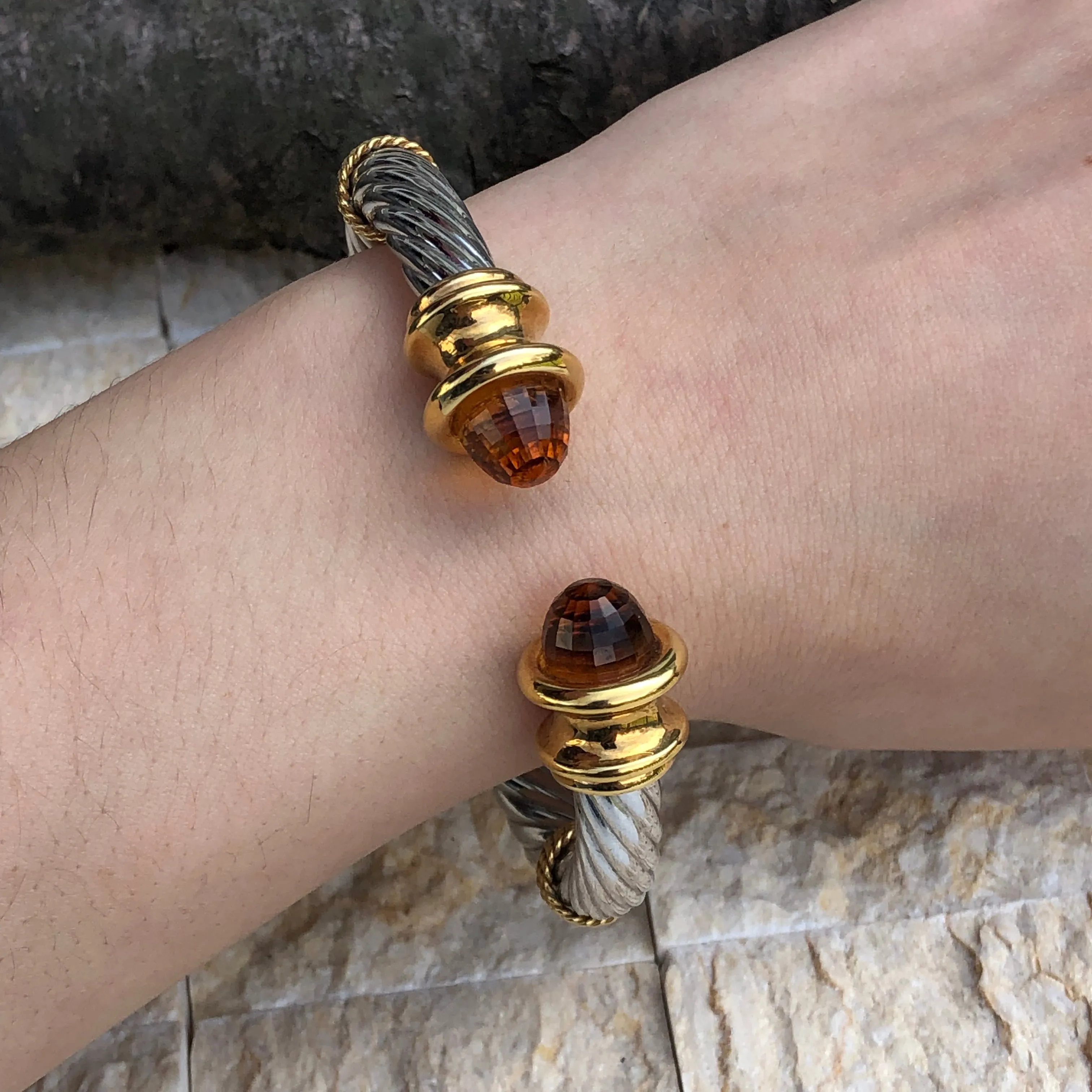 Estate 14KT White Gold   Yellow Gold Checkerboard Golden Citrine Bangle Bracelet