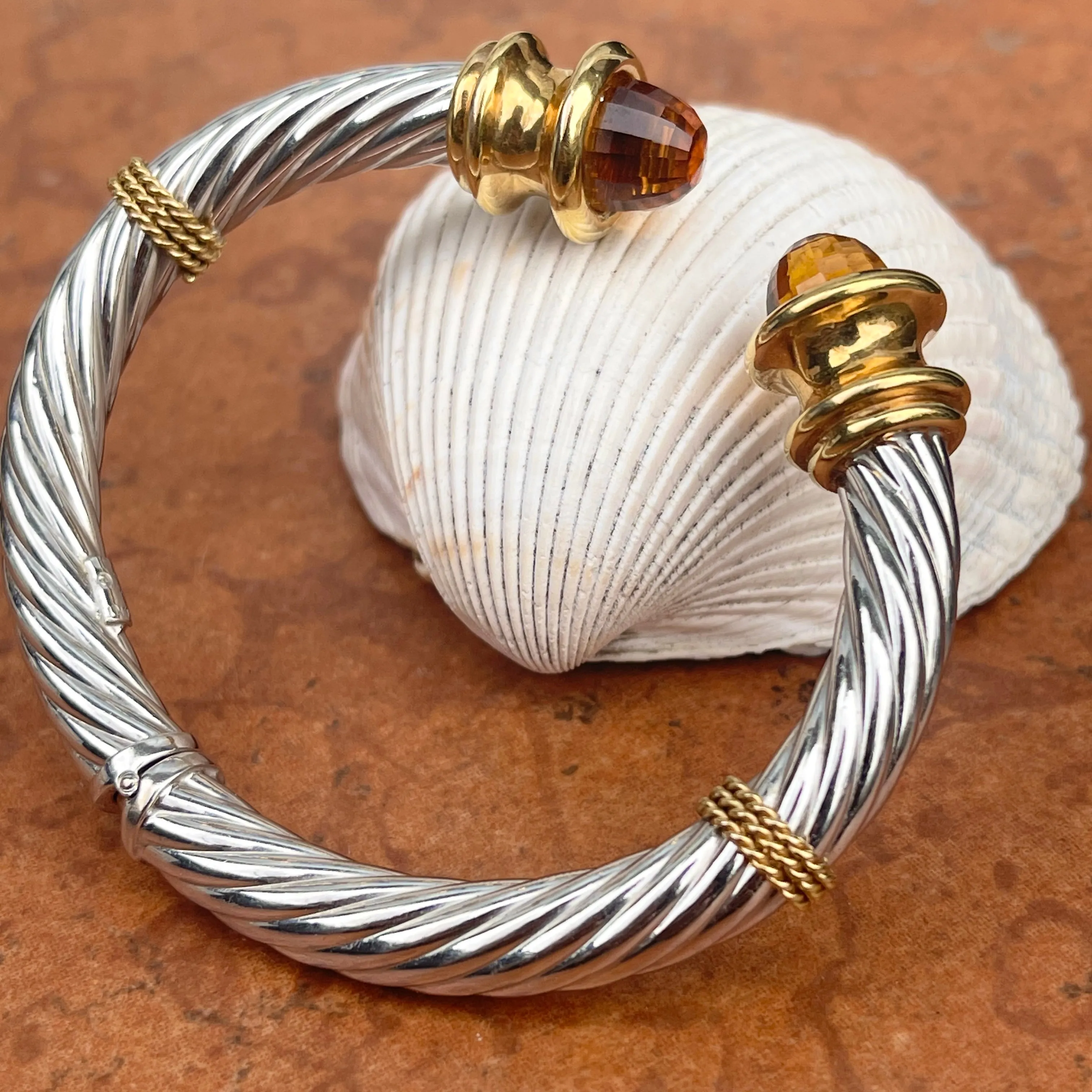 Estate 14KT White Gold   Yellow Gold Checkerboard Golden Citrine Bangle Bracelet