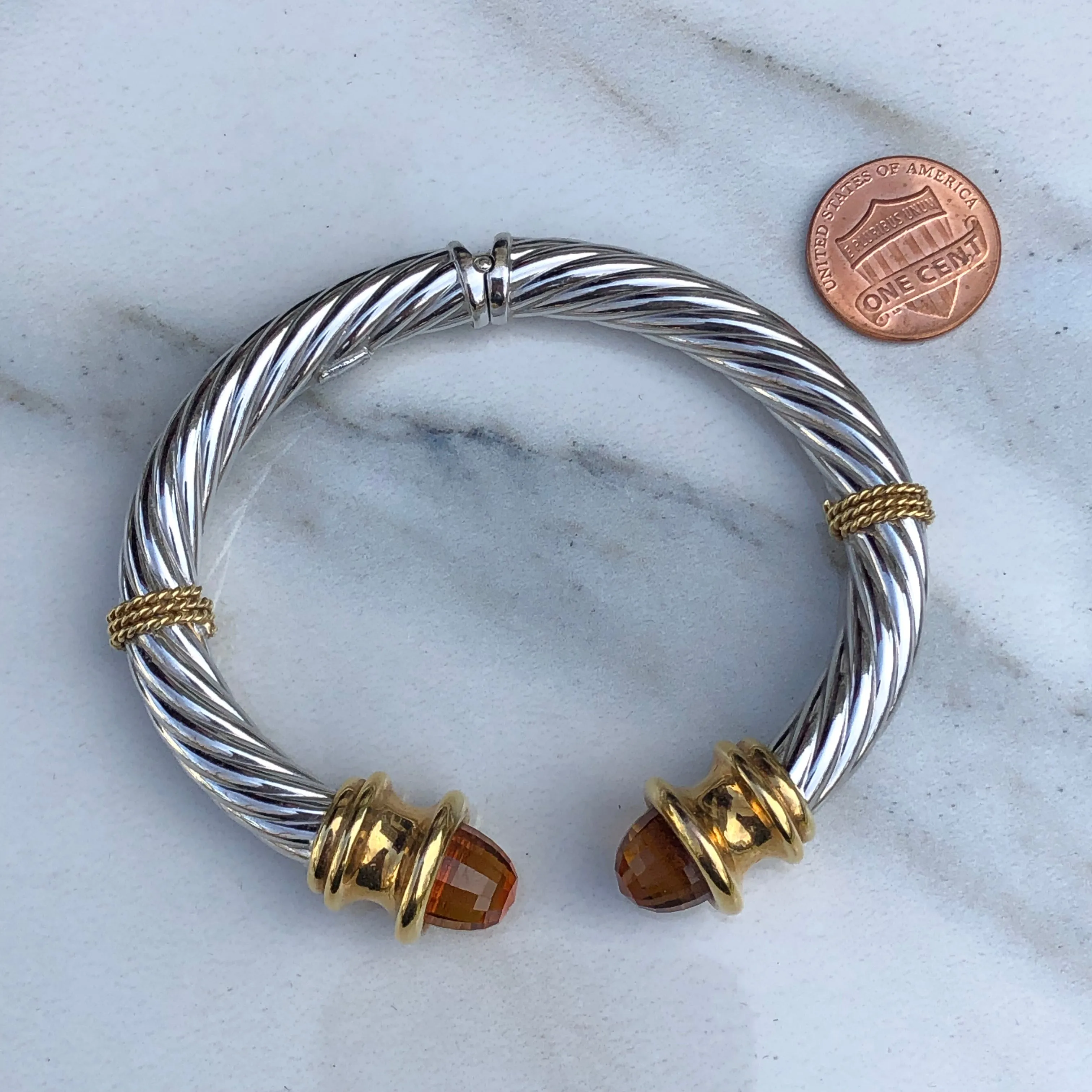 Estate 14KT White Gold   Yellow Gold Checkerboard Golden Citrine Bangle Bracelet