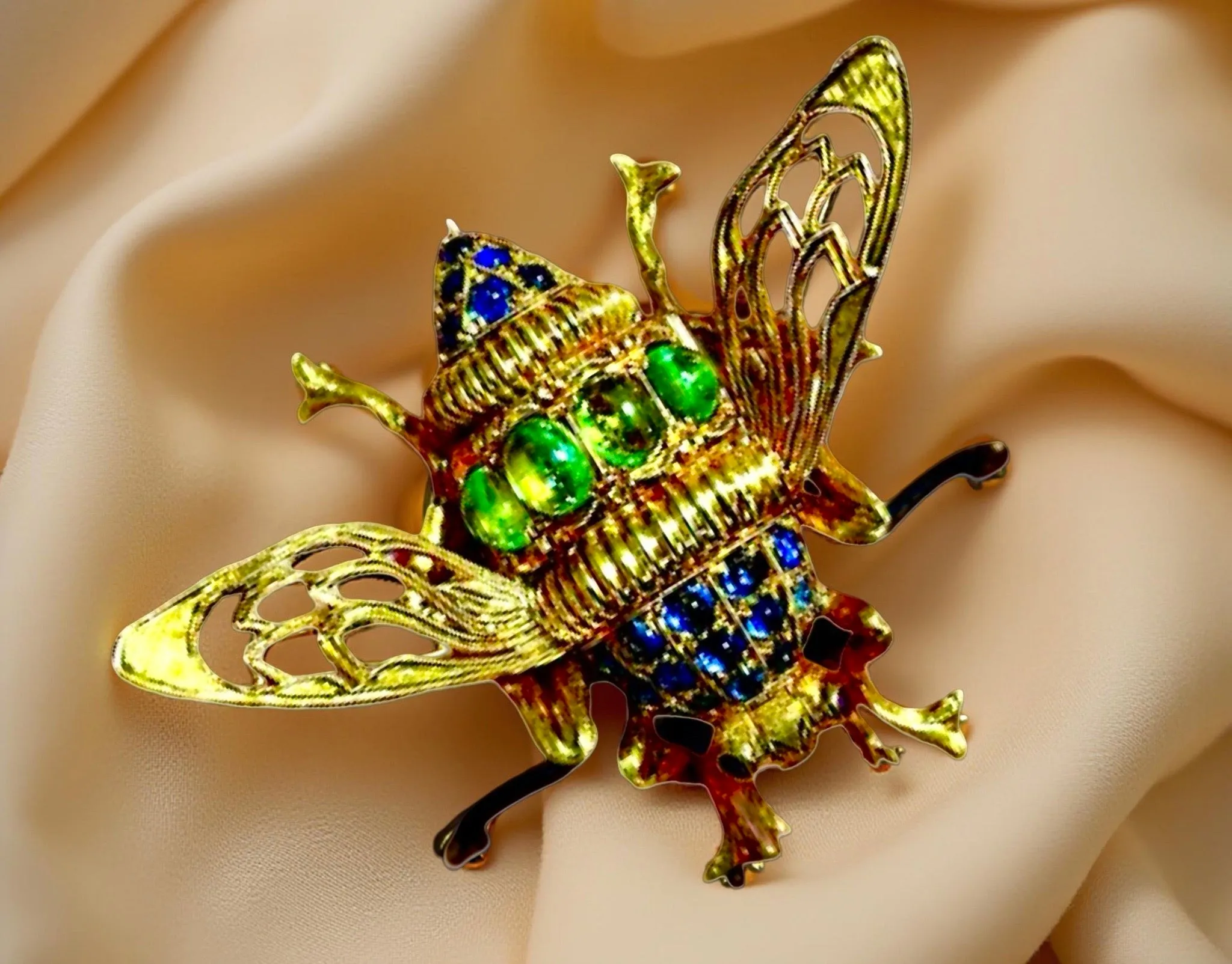 Estate Sapphire Ruby and Peridot 18K Yellow Gold Bee Pin 14071