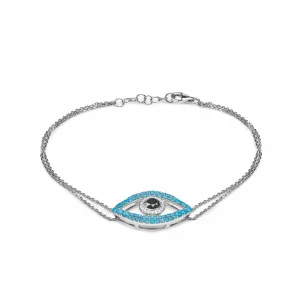 Evil Eye Turquoise, Black Diamond and White Diamond Halo White Gold Double Chain Bracelet