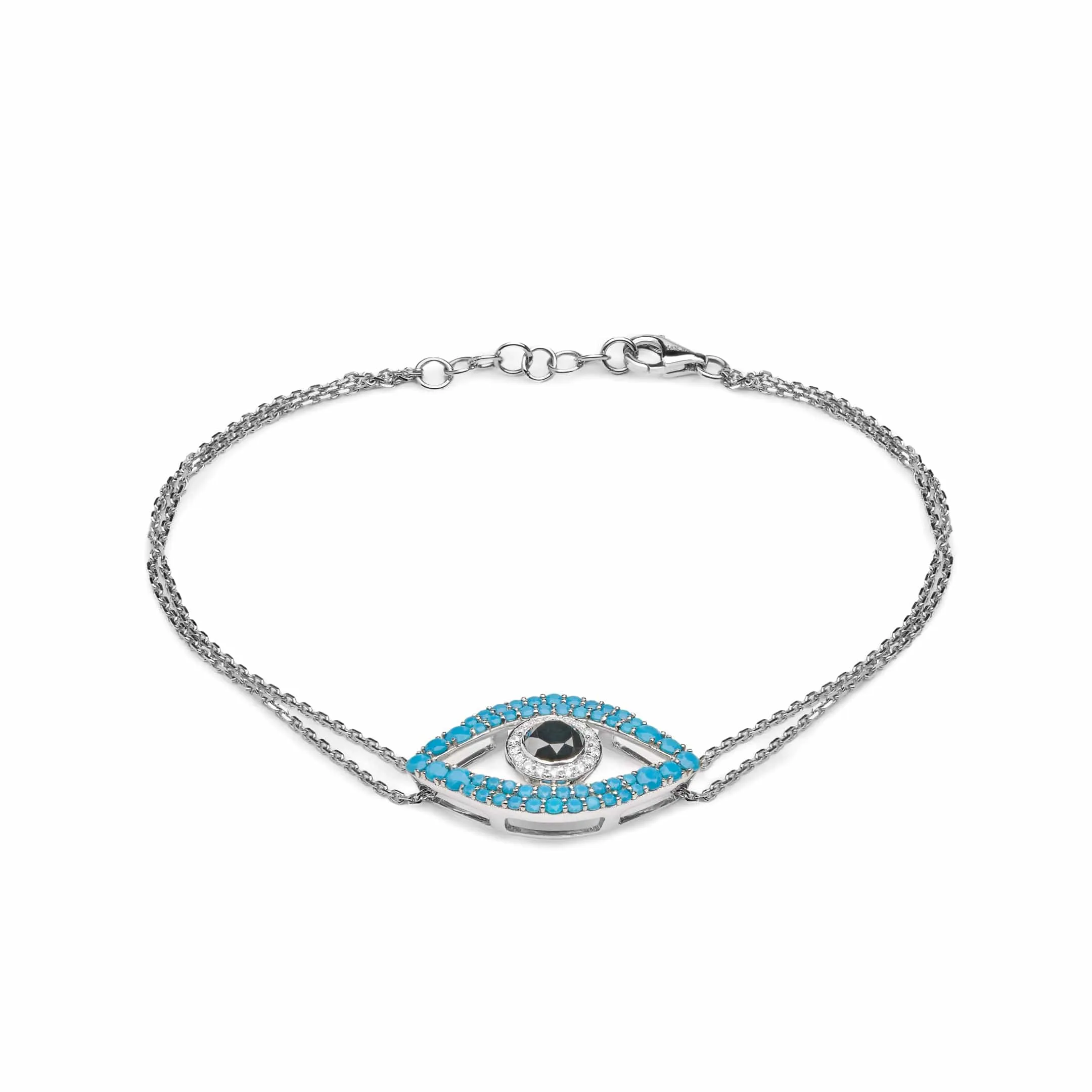 Evil Eye Turquoise, Black Diamond and White Diamond Halo White Gold Double Chain Bracelet