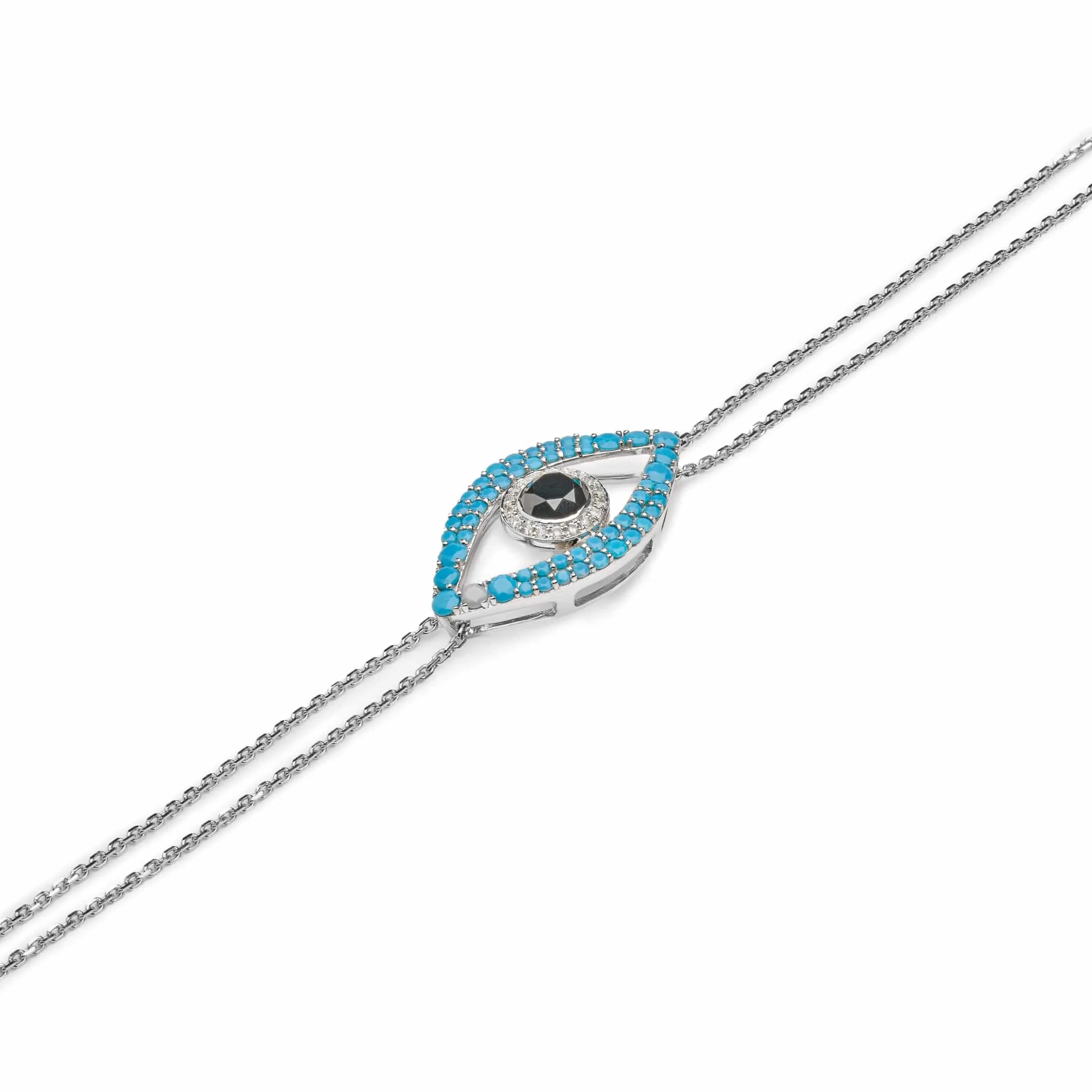 Evil Eye Turquoise, Black Diamond and White Diamond Halo White Gold Double Chain Bracelet