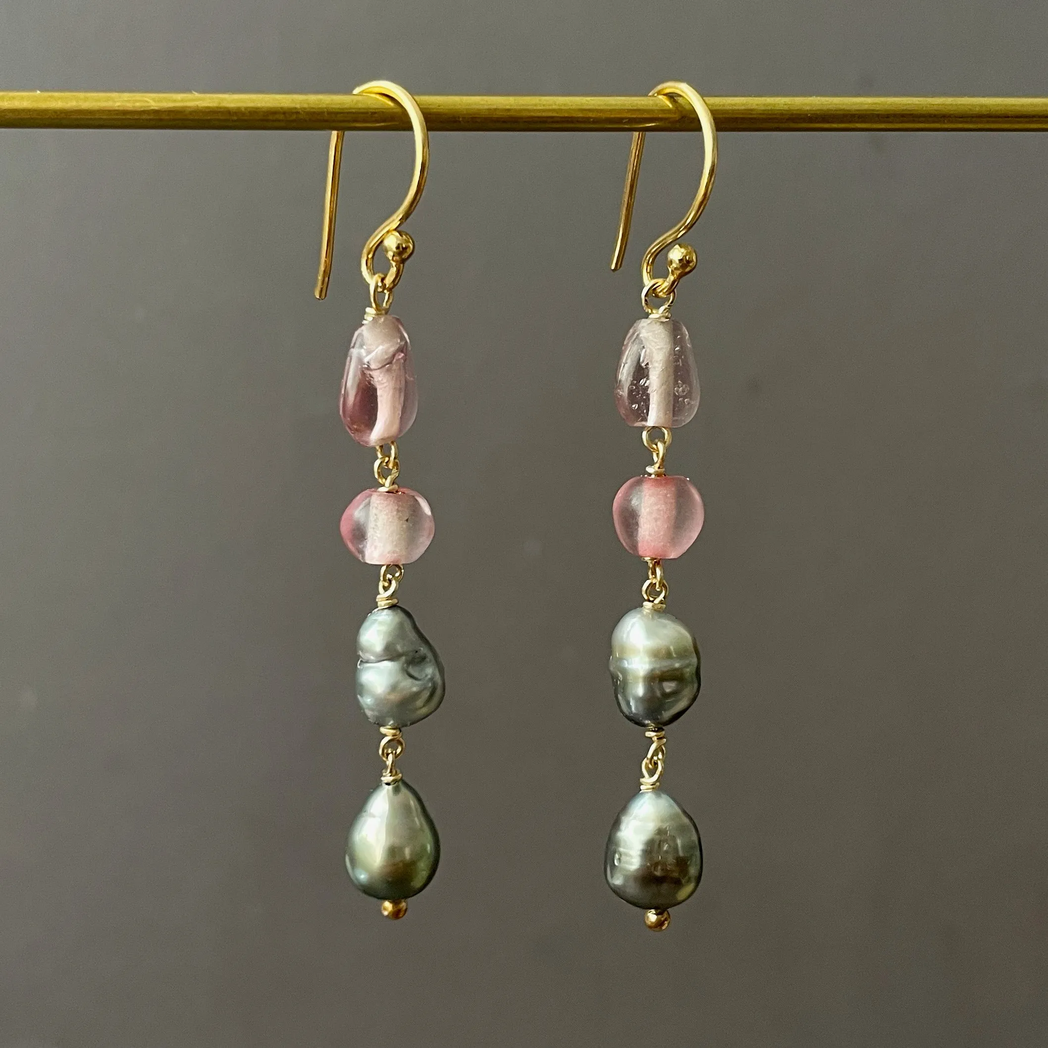 Fancy color Tahitian keshi pearl and African glass earrings