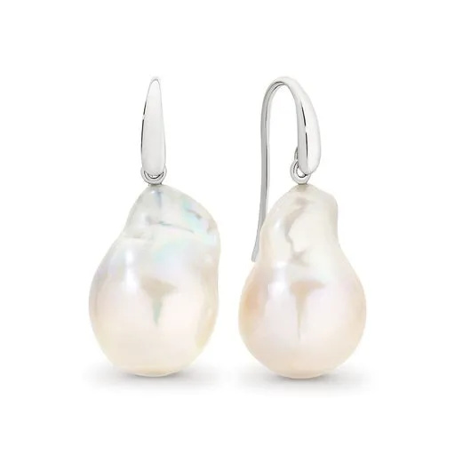 FRESH WATER PEARL WHITE 14MM  BAROQUE / STG SILVER HOOK DROP EARRINGS