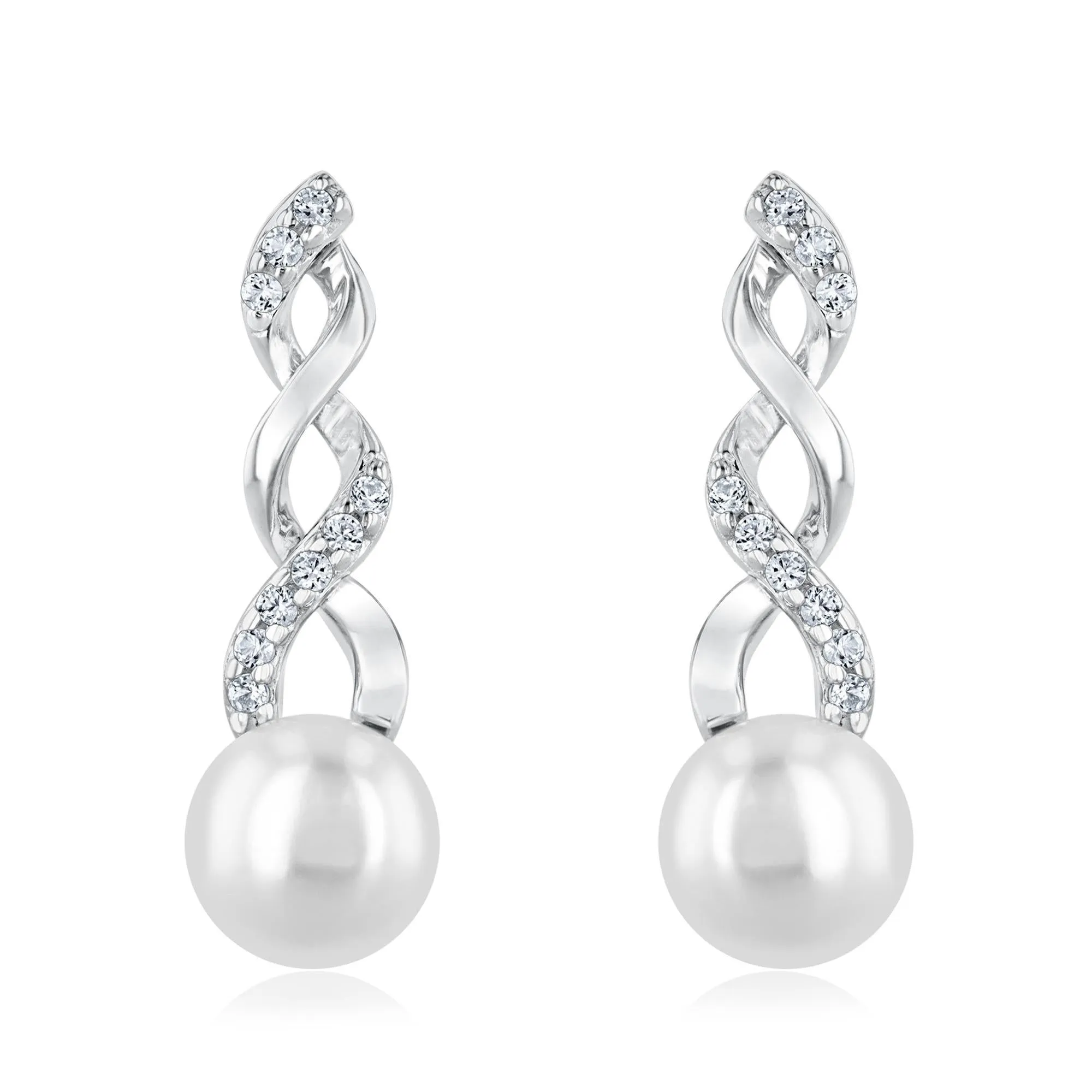 Freshwater Cultured Pearl and Created White Sapphire Sterling Silver Earrings