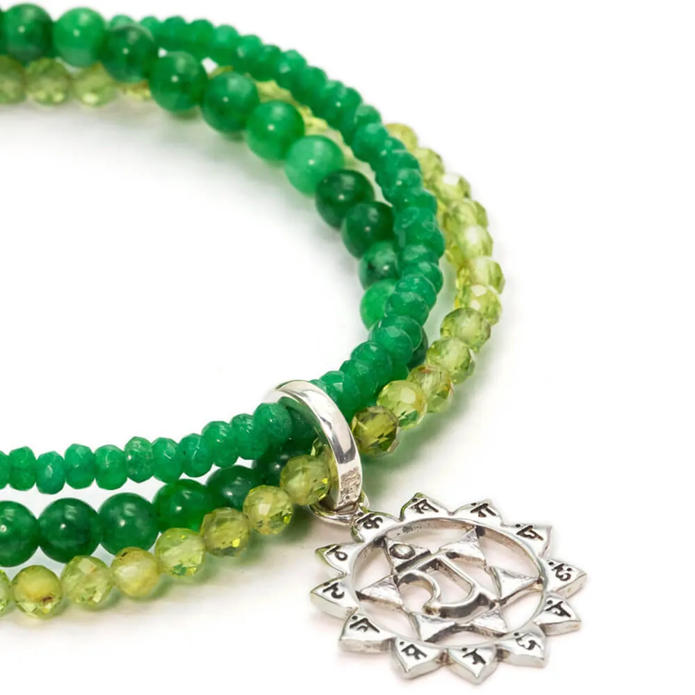 Gemstone bracelet with heart chakra charm silver