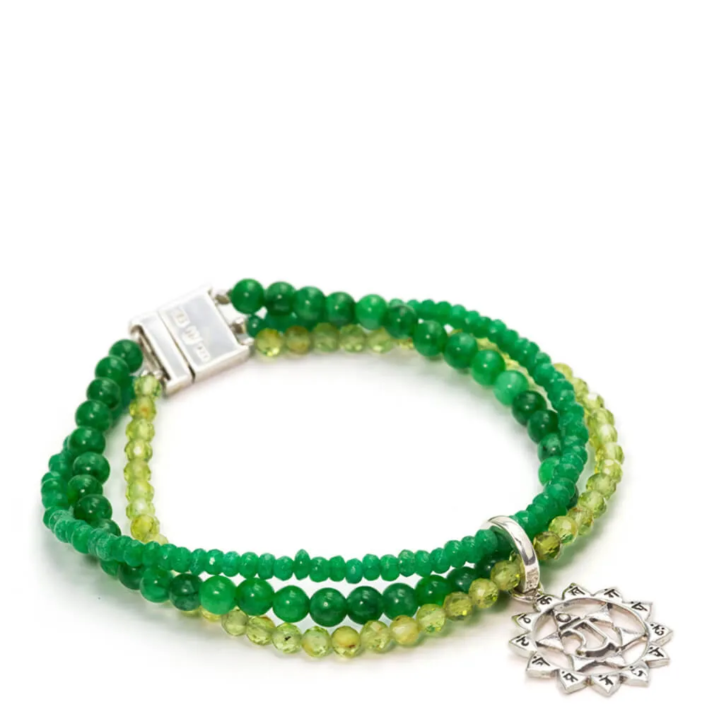 Gemstone bracelet with heart chakra charm silver