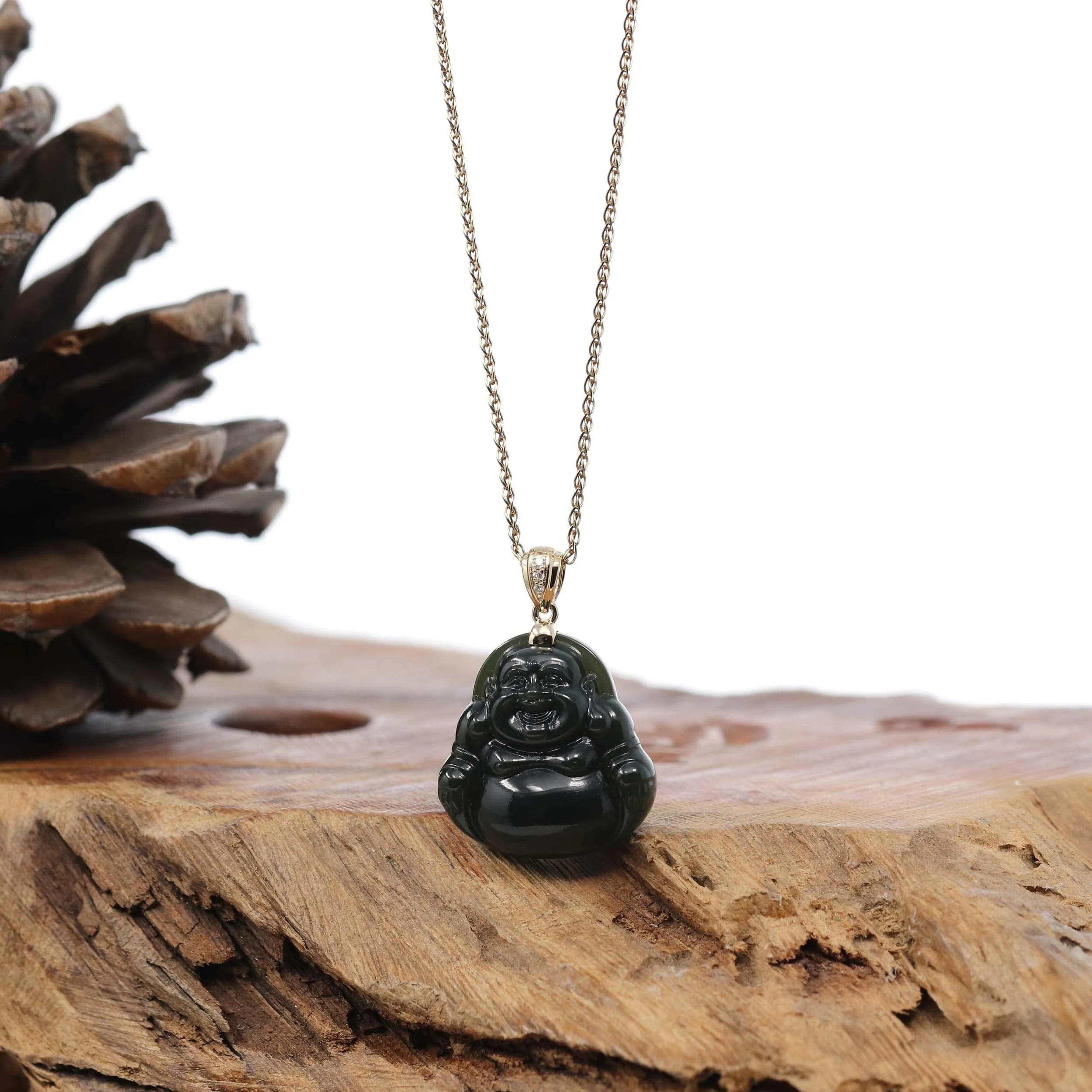Genuine Nephrite Black Jade Buddha Pendant Necklace with 14k Gold bail