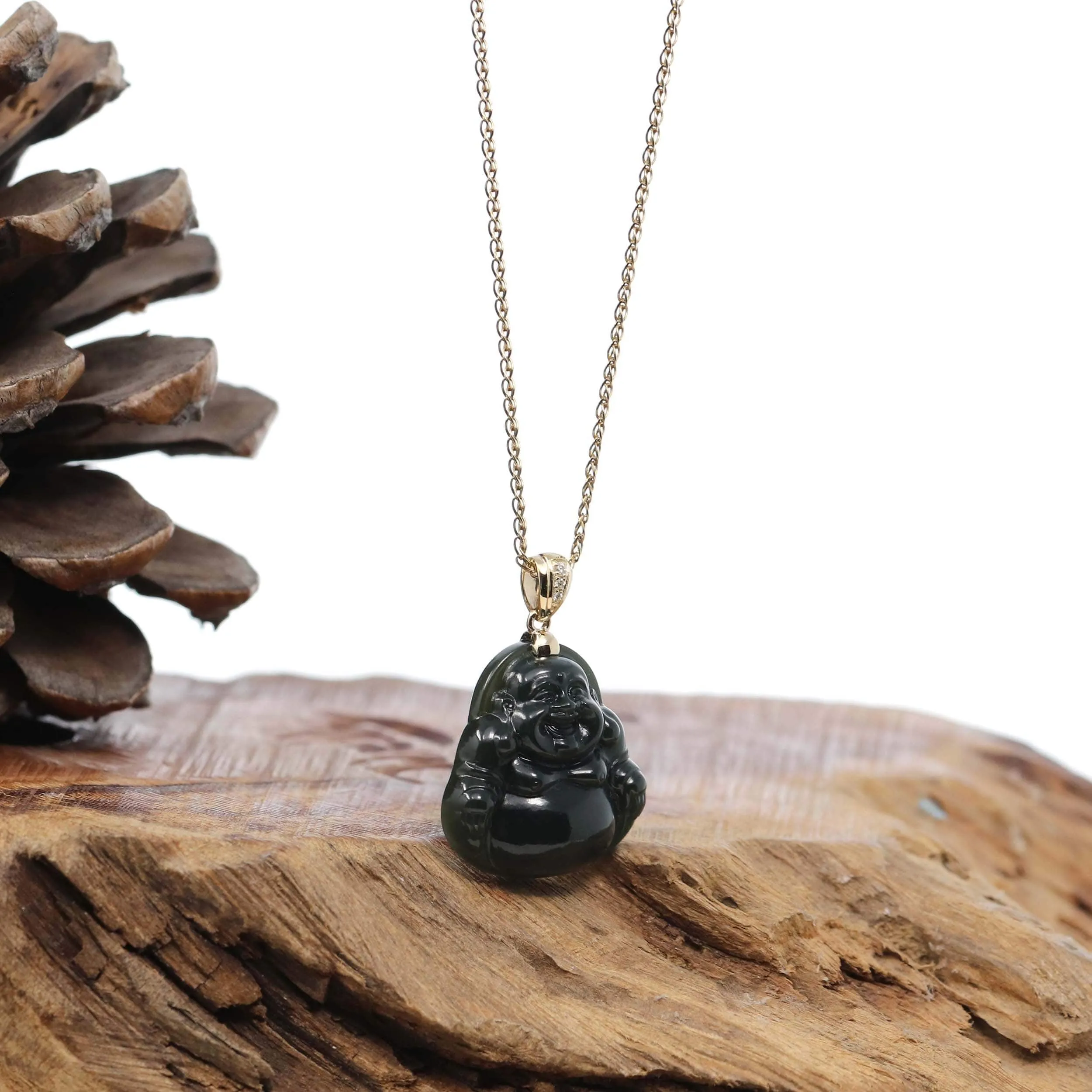 Genuine Nephrite Black Jade Buddha Pendant Necklace with 14k Gold bail