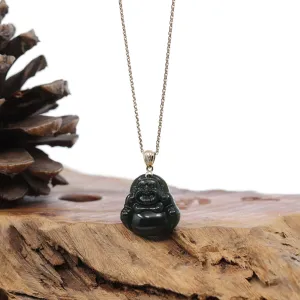 Genuine Nephrite Black Jade Buddha Pendant Necklace with 14k Gold bail