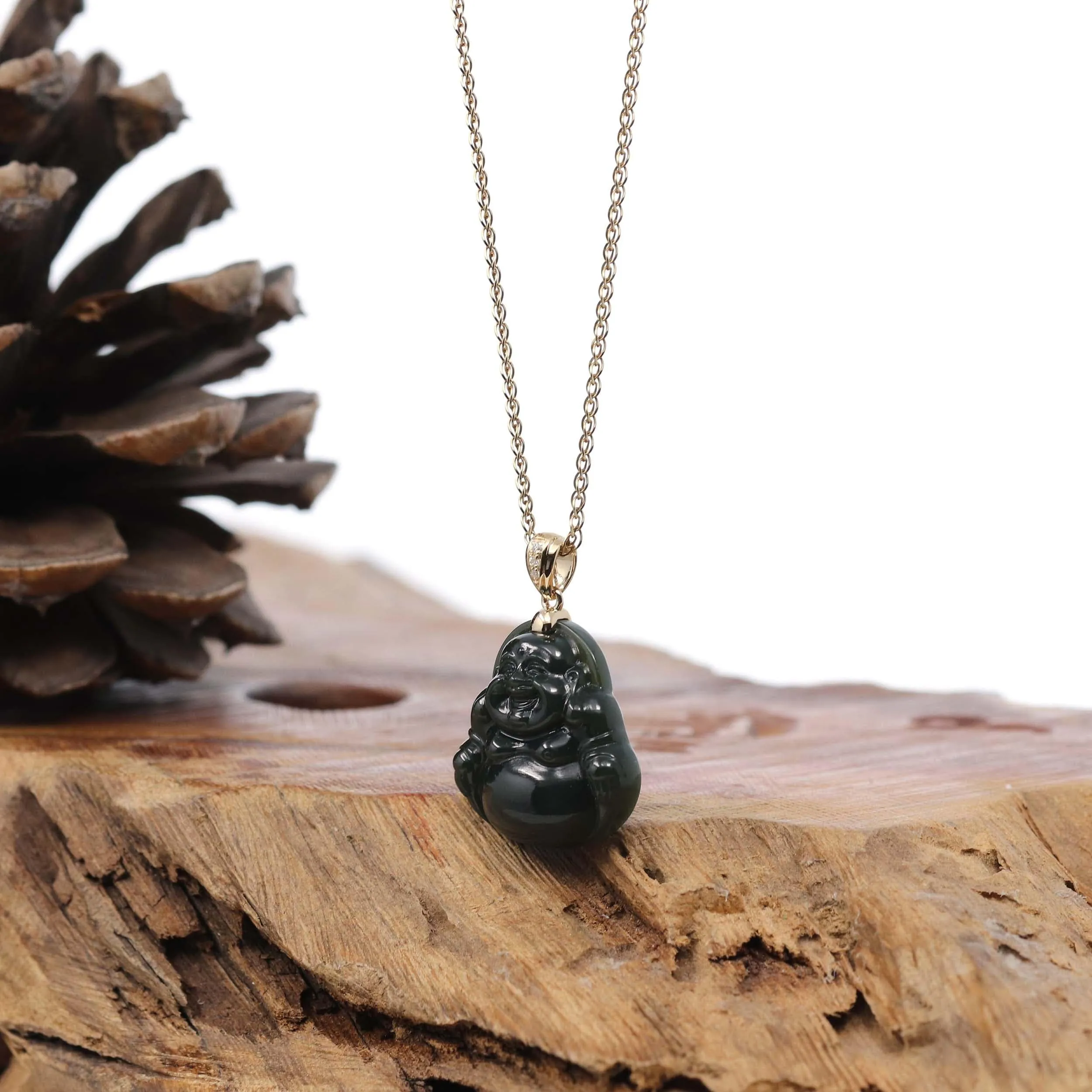 Genuine Nephrite Black Jade Buddha Pendant Necklace with 14k Gold bail