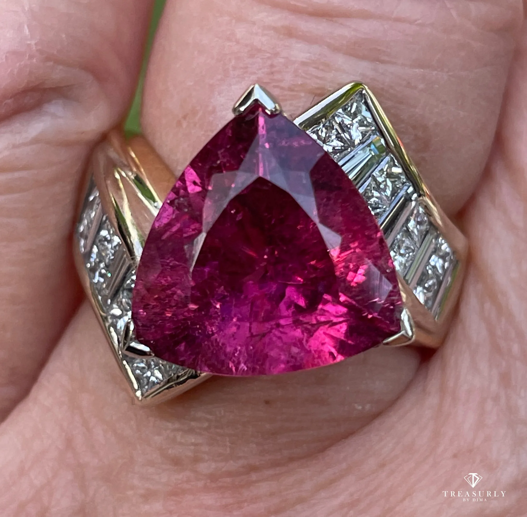GIA 6.59ct Natural RUBELLITE Tourmaline Diamond 18k Yellow Gold Vintage Ring