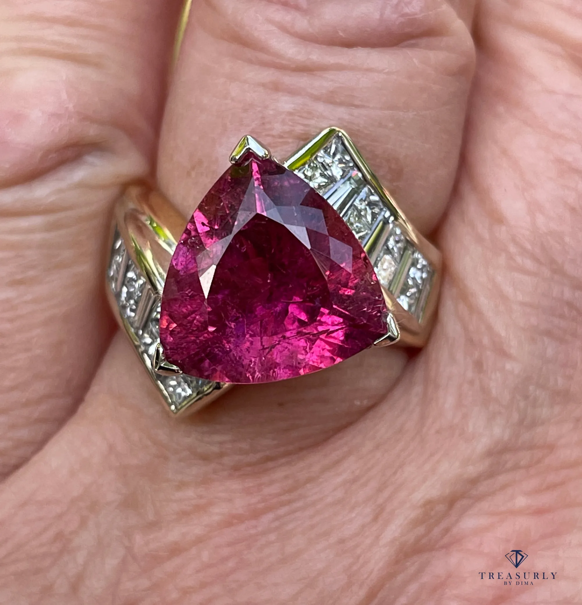GIA 6.59ct Natural RUBELLITE Tourmaline Diamond 18k Yellow Gold Vintage Ring