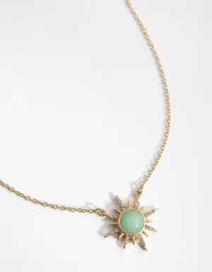 Luxurious Gold-Plated Necklace with Diamante Embellishments and Semi-Precious Jade Sun Pendant