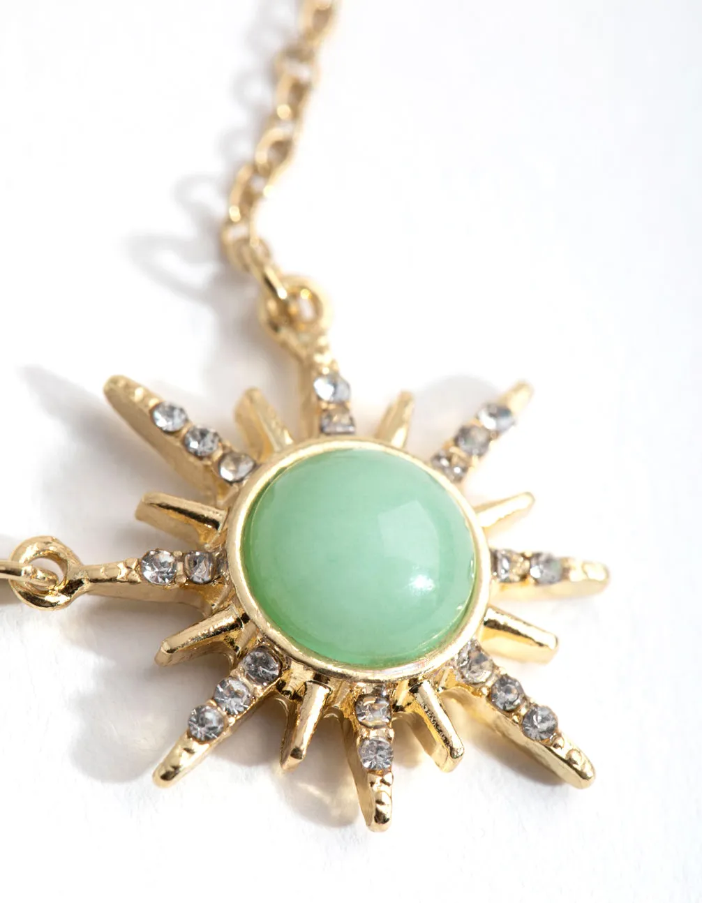 Luxurious Gold-Plated Necklace with Diamante Embellishments and Semi-Precious Jade Sun Pendant