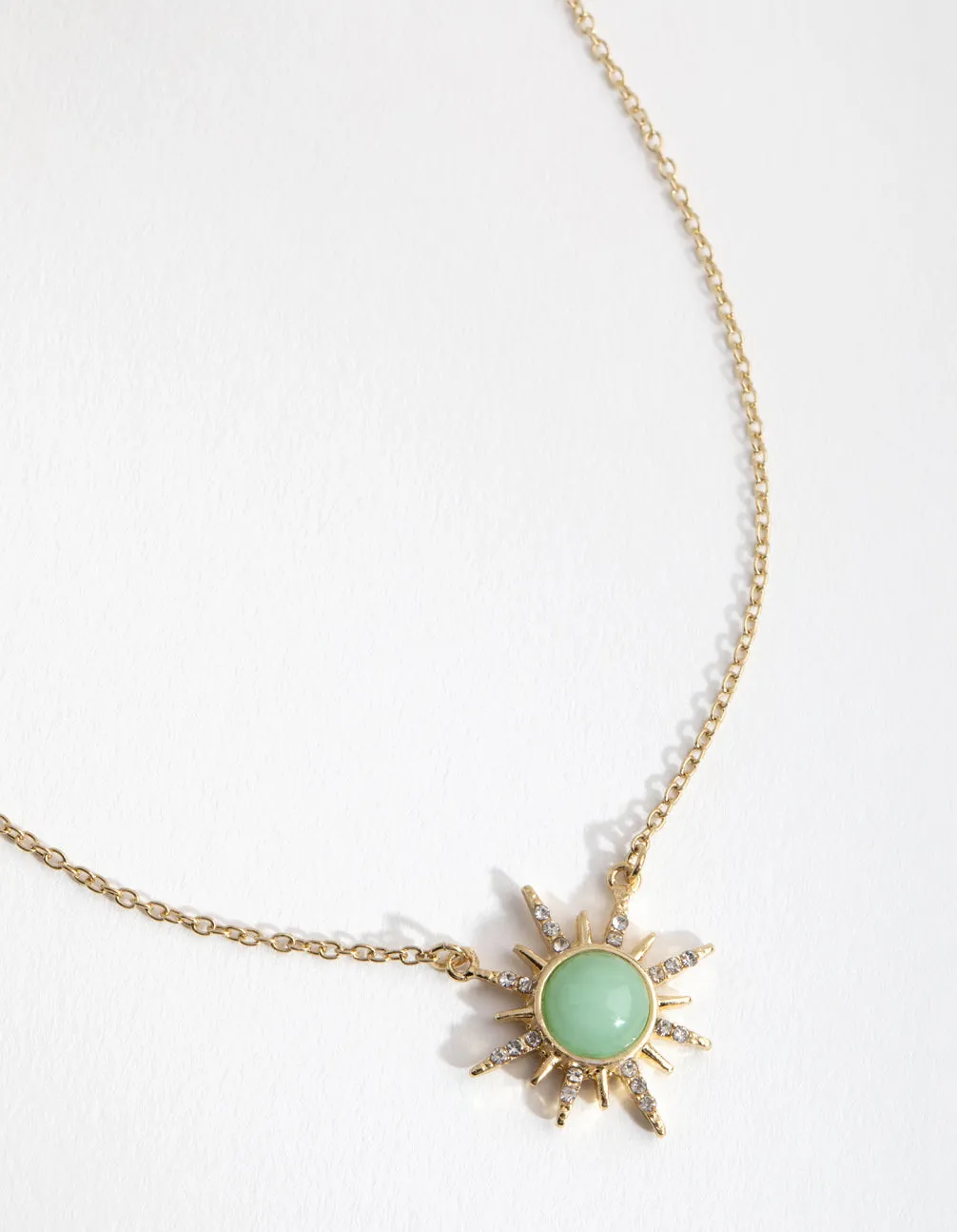 Luxurious Gold-Plated Necklace with Diamante Embellishments and Semi-Precious Jade Sun Pendant