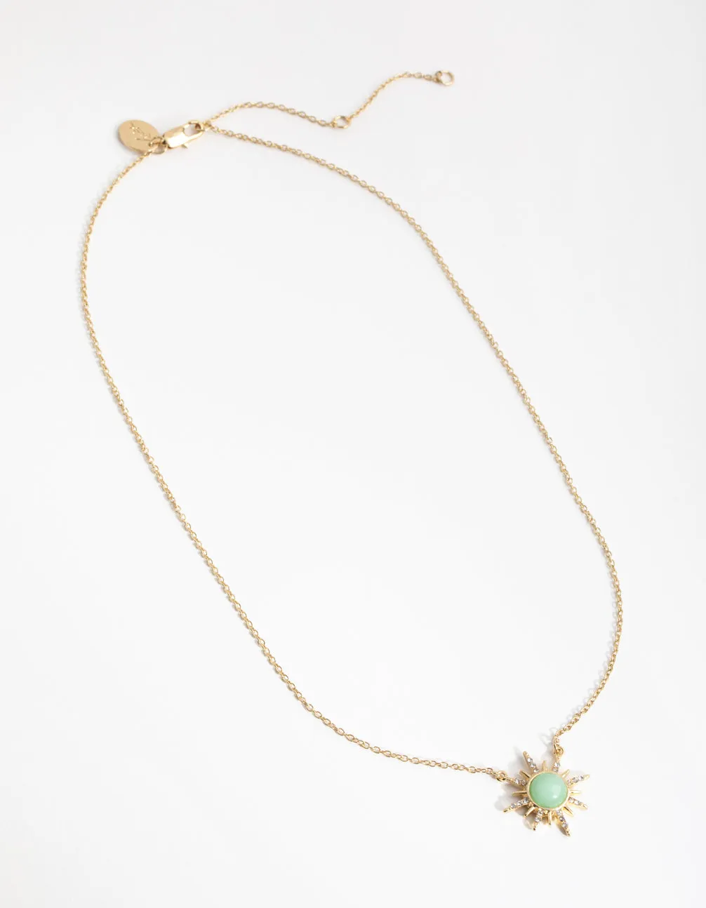 Luxurious Gold-Plated Necklace with Diamante Embellishments and Semi-Precious Jade Sun Pendant