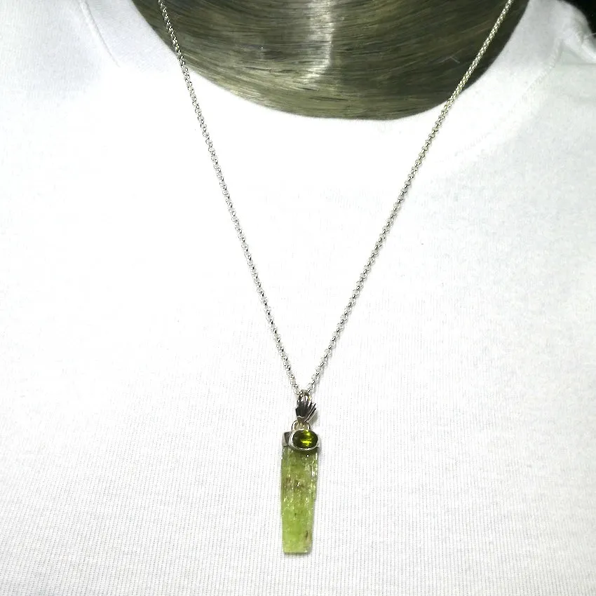 Green Kyanite Pendant, Raw Crystal with Faceted Peridot, 925 Sterling Silver