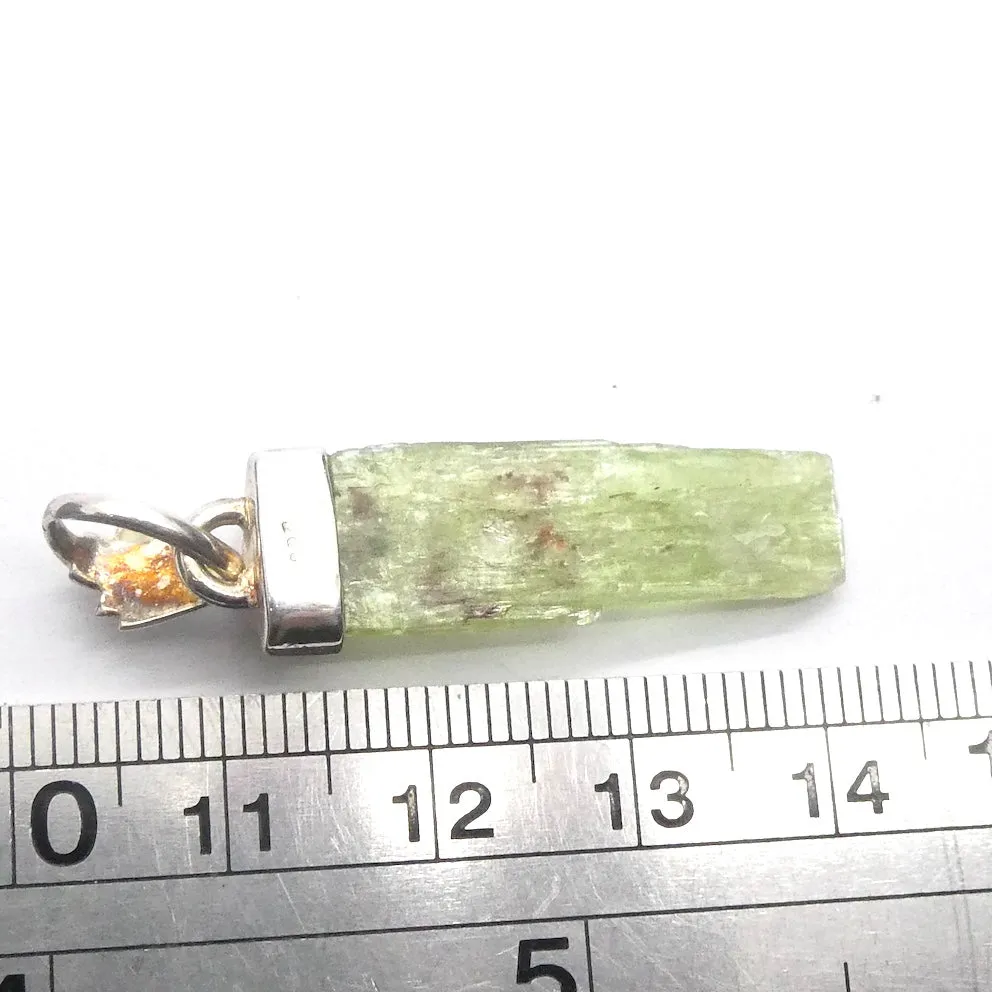 Green Kyanite Pendant, Raw Crystal with Faceted Peridot, 925 Sterling Silver