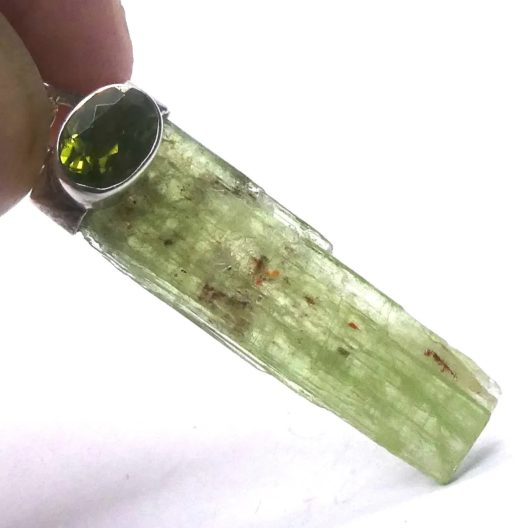 Green Kyanite Pendant, Raw Crystal with Faceted Peridot, 925 Sterling Silver