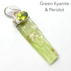 Green Kyanite Pendant, Raw Crystal with Faceted Peridot, 925 Sterling Silver