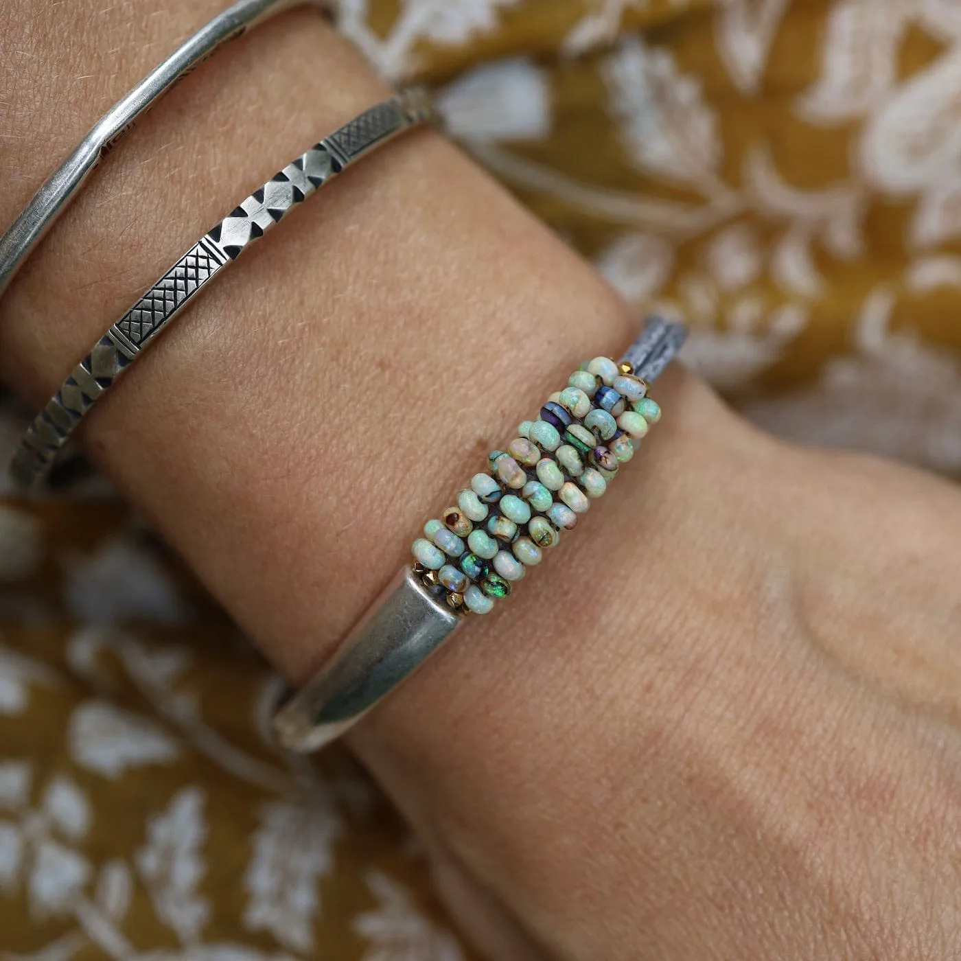 Hand Stitched Mexican Opal Half Cuff Bracelet