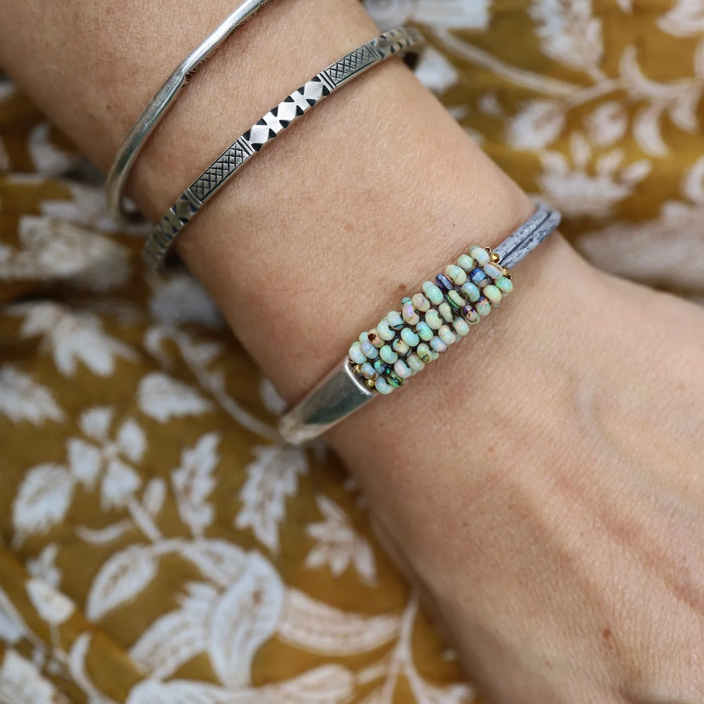 Hand Stitched Mexican Opal Half Cuff Bracelet