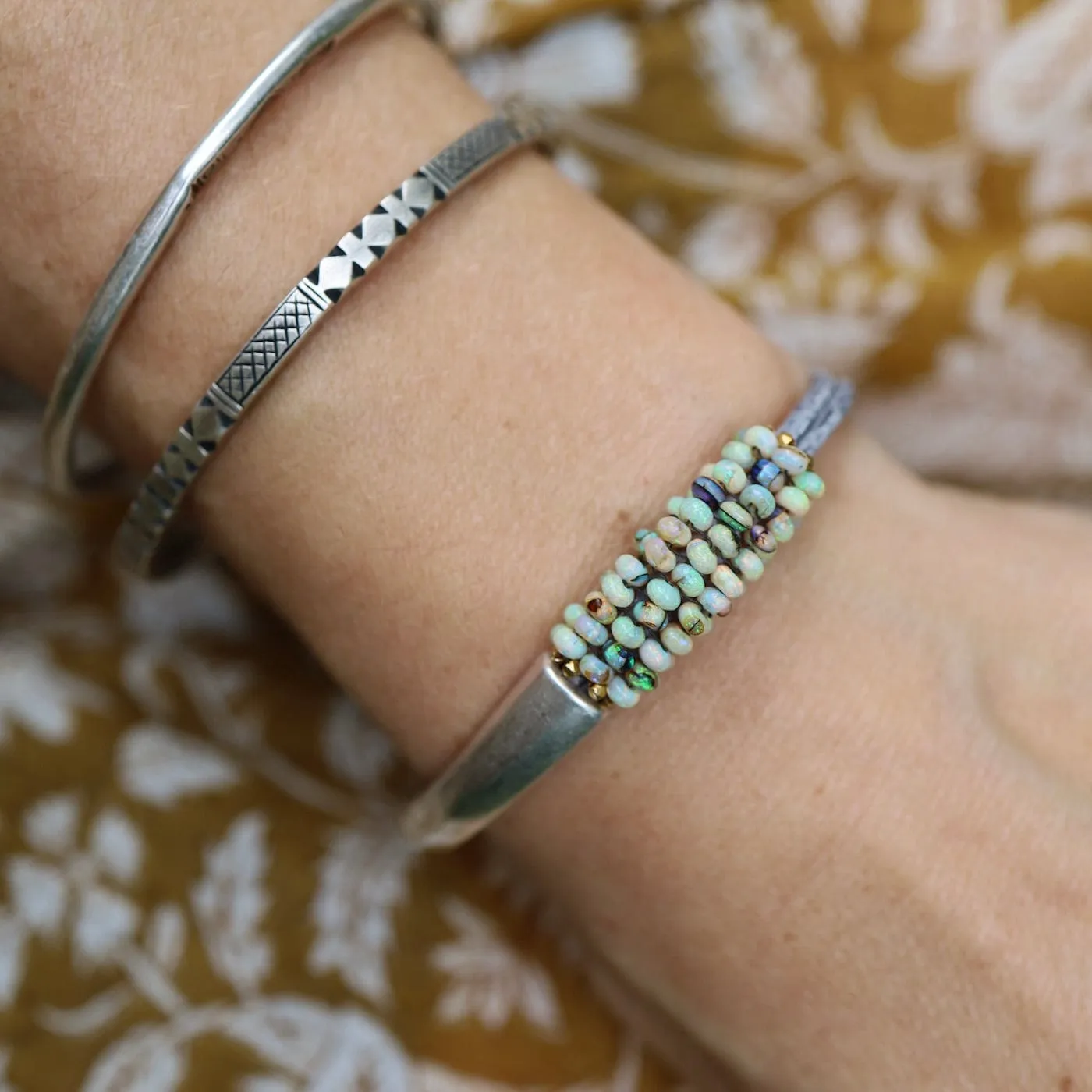 Hand Stitched Mexican Opal Half Cuff Bracelet