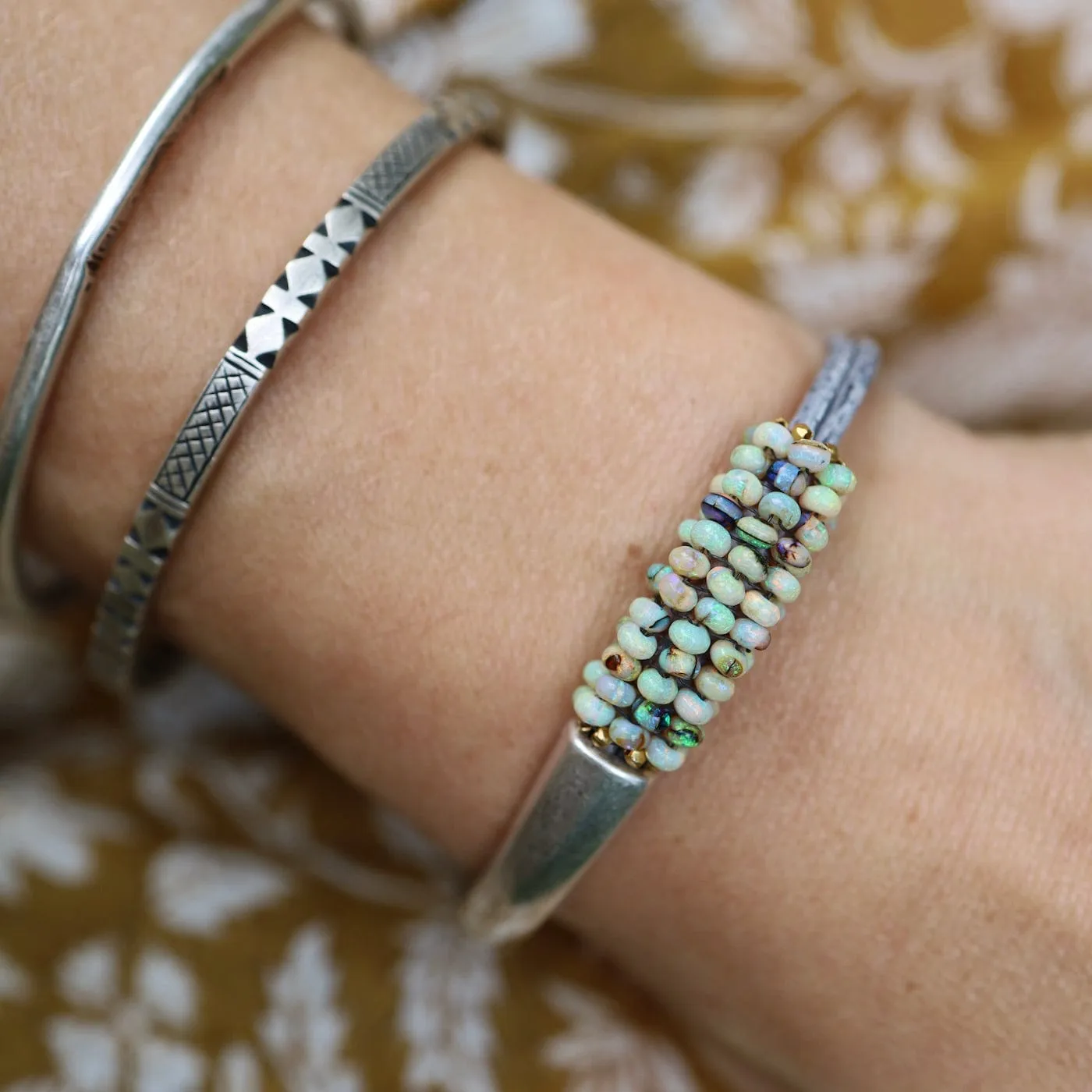 Hand Stitched Mexican Opal Half Cuff Bracelet