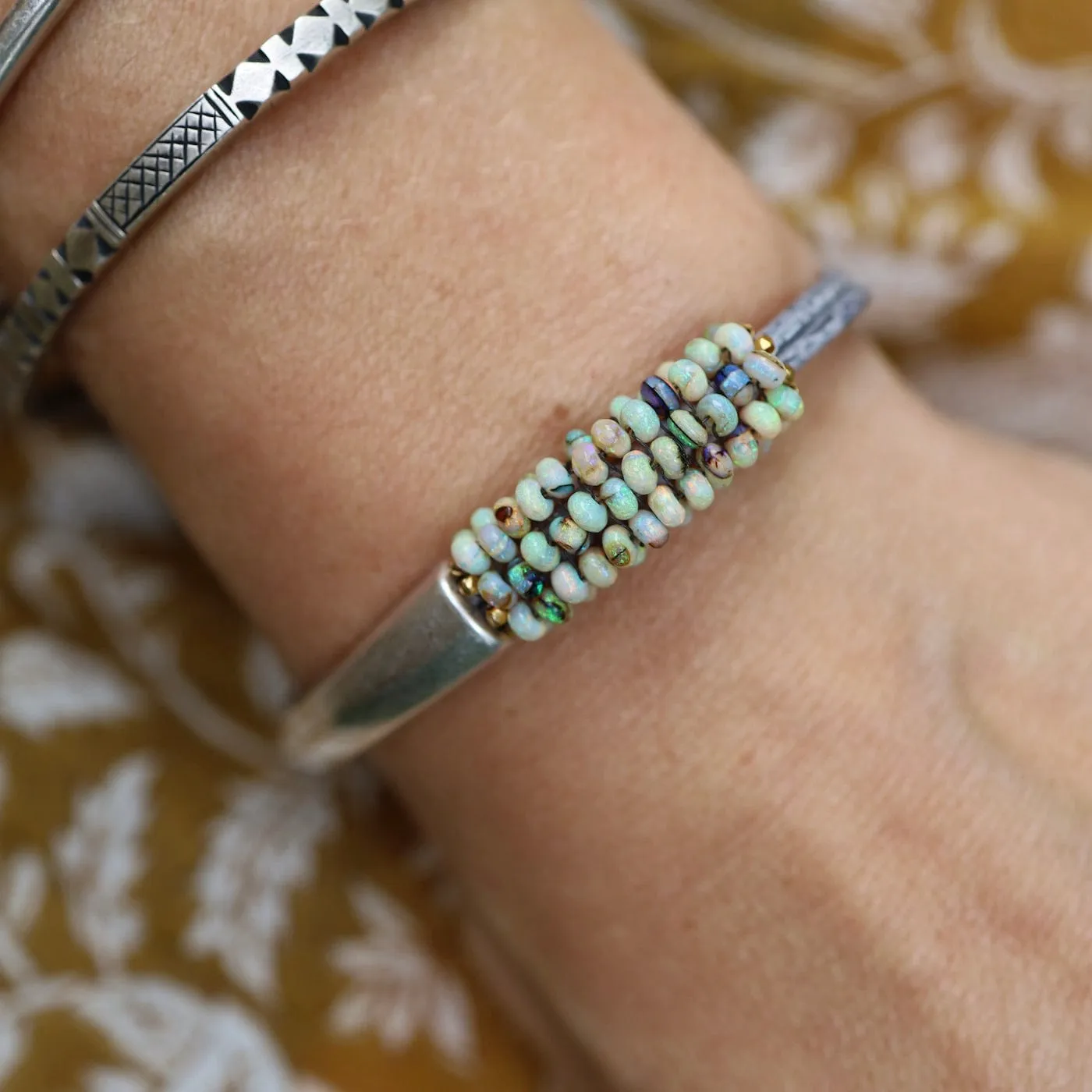 Hand Stitched Mexican Opal Half Cuff Bracelet