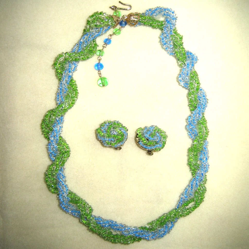 Japanese-Made Blue and Green Seed Bead Demi-Parure: Necklace/Earrings