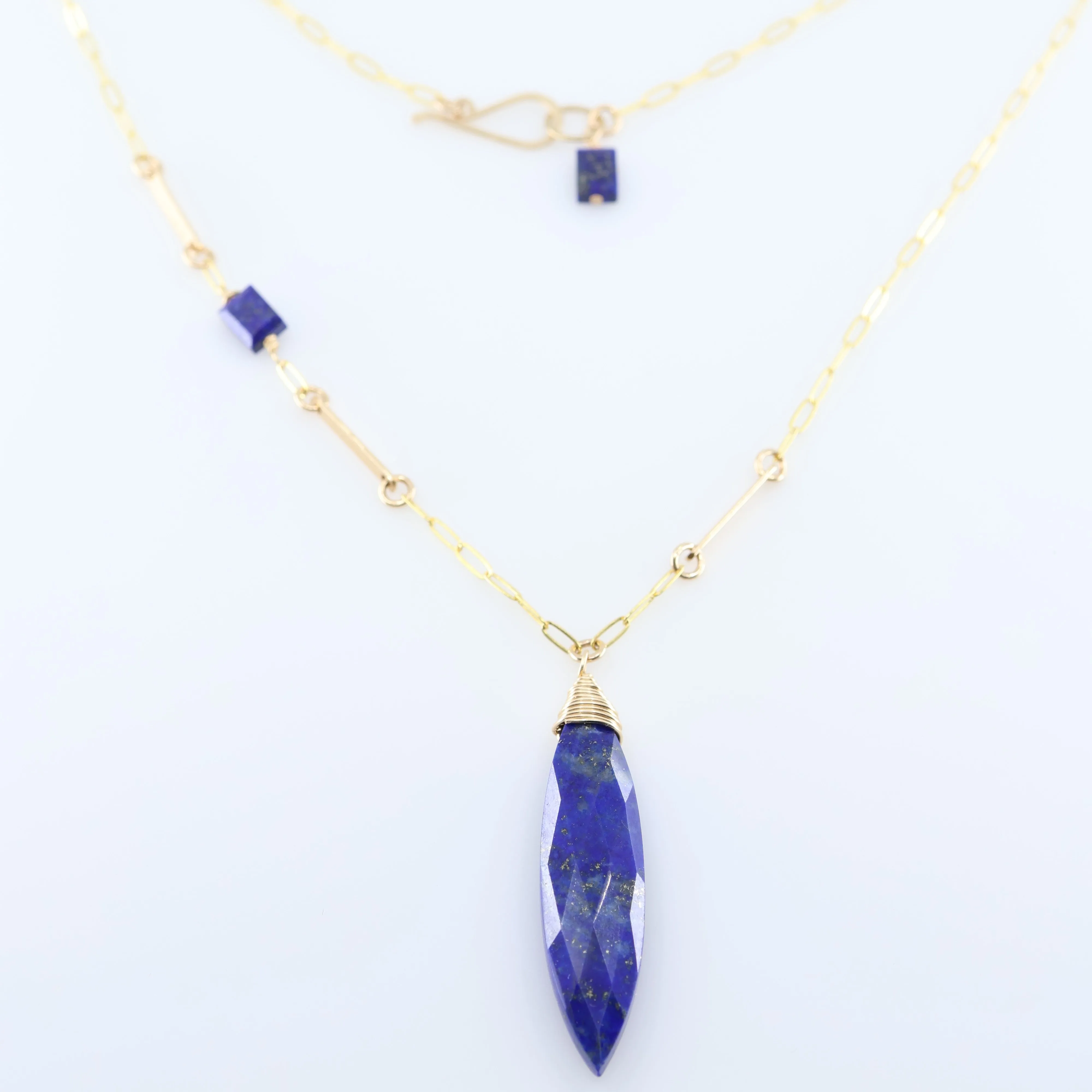 Lapis Lazuli Marquis Cut Gemstone Necklace with Asymmetrical Gemstone and Forged Accent