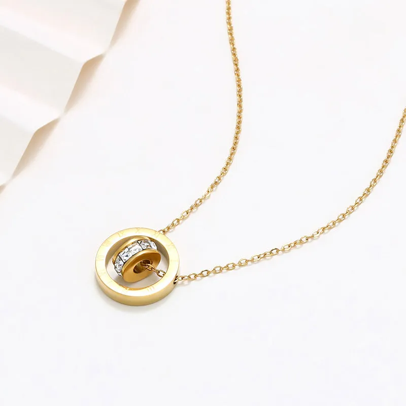 Light luxury temperament pendant Roman numerals geometric circle titanium steel necklace women's