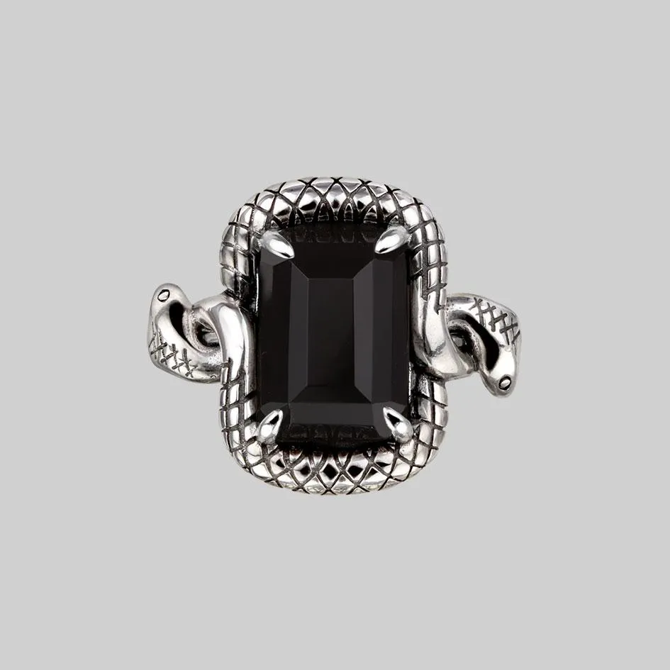 MALICE. Black Spinel Coiled Snake Cocktail Ring - Silver