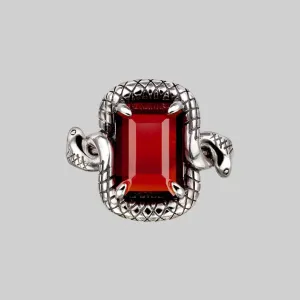 MALICE. Garnet CZ Coiled Snake Cocktail Ring - Silver