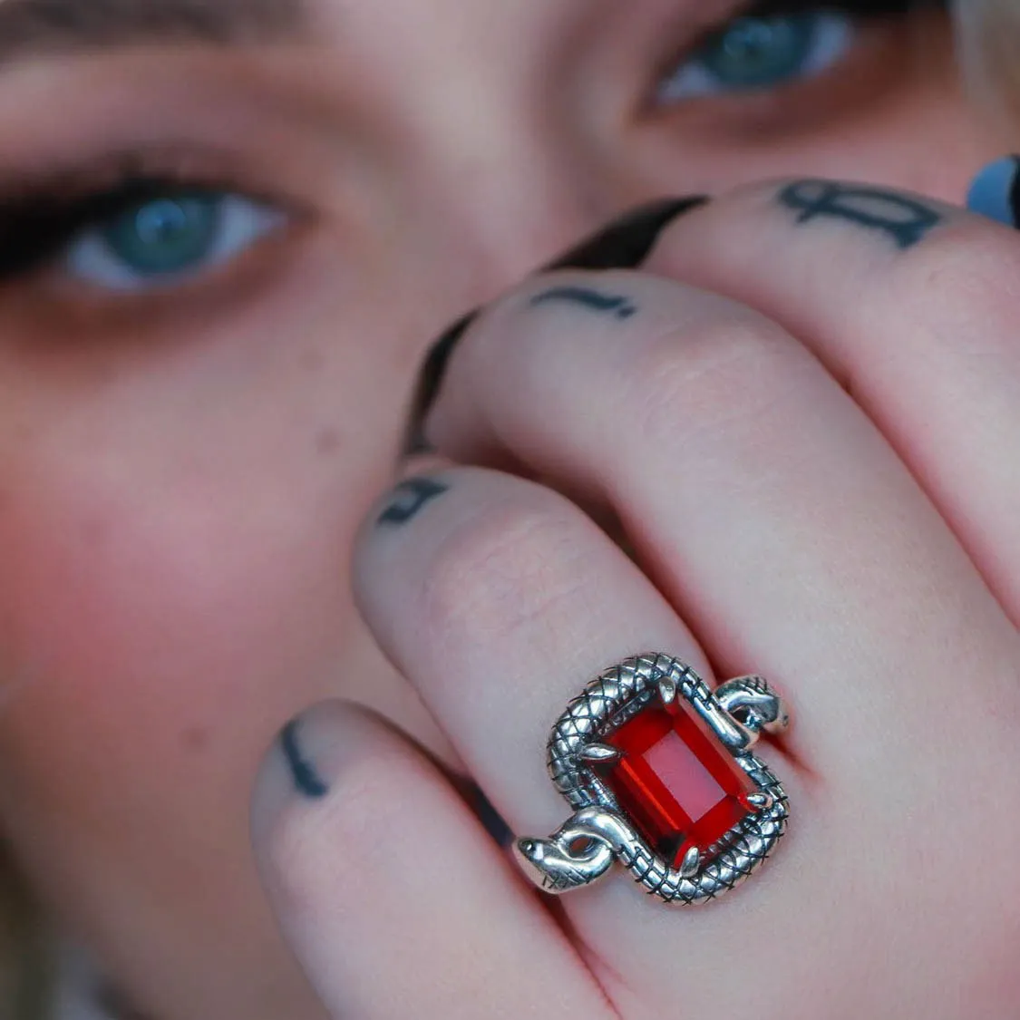 MALICE. Garnet CZ Coiled Snake Cocktail Ring - Silver