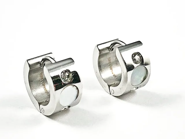 Nice Dainty CZ & Mother Of Pearl Silver Tone Huggie Steel Earrings