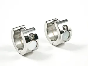 Nice Dainty CZ & Mother Of Pearl Silver Tone Huggie Steel Earrings
