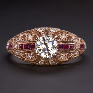 OLD EUROPEAN CUT DIAMOND RUBY VINTAGE STYLE ENGAGEMENT RING ROSE GOLD FILIGREE